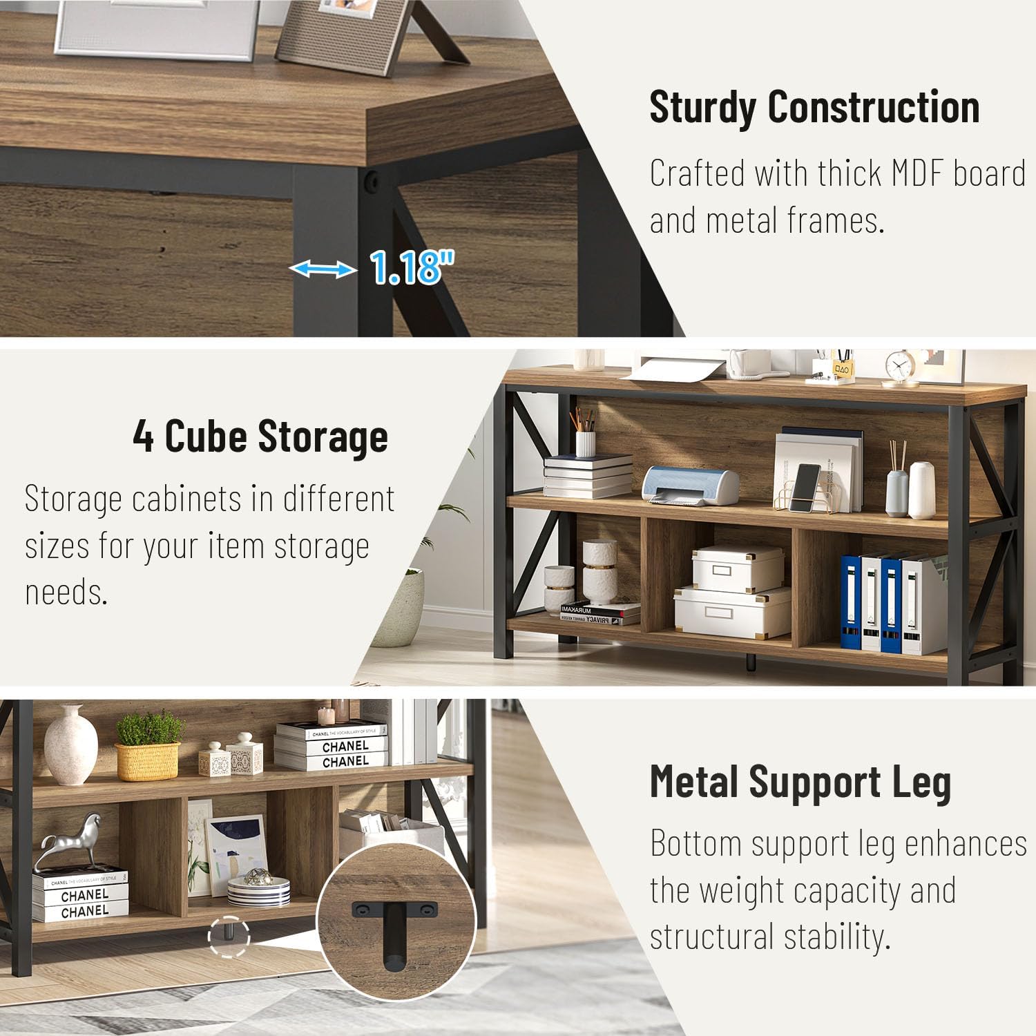 EXCEFUR Rustic Oak 47 Inch Horizontal Bookshelf, Industrial Metal & Wood Bookcase, 4 Cube Storage Organizer for Living Room Home Office, Low Wide Book Shelf for Display