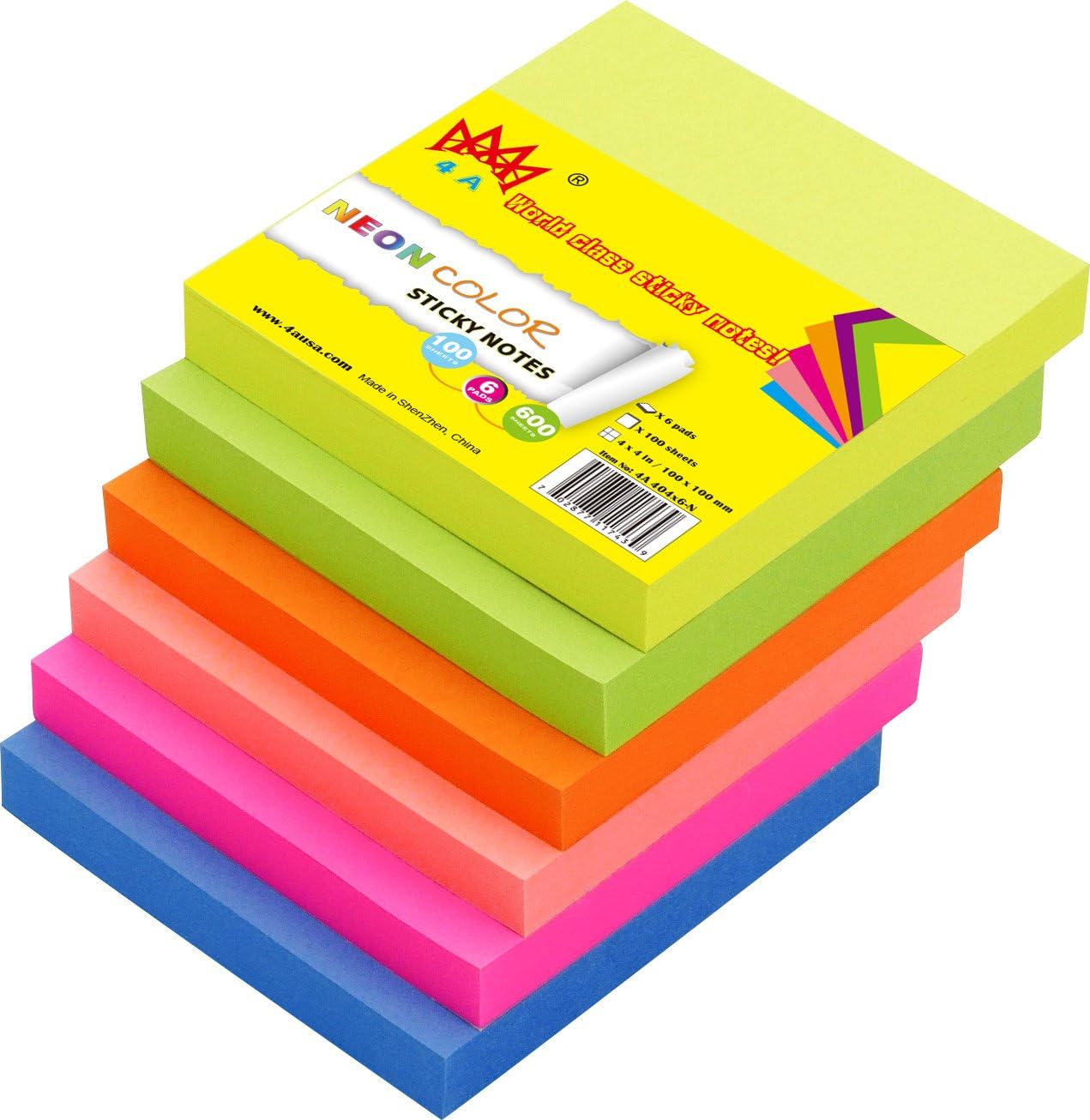 4A Sticky Notes,4 x 4 Inches,Neon Assorted,Self-Stick Notes,100 Sheets/Pad,6 Pads/Pack,4A 404x6-N