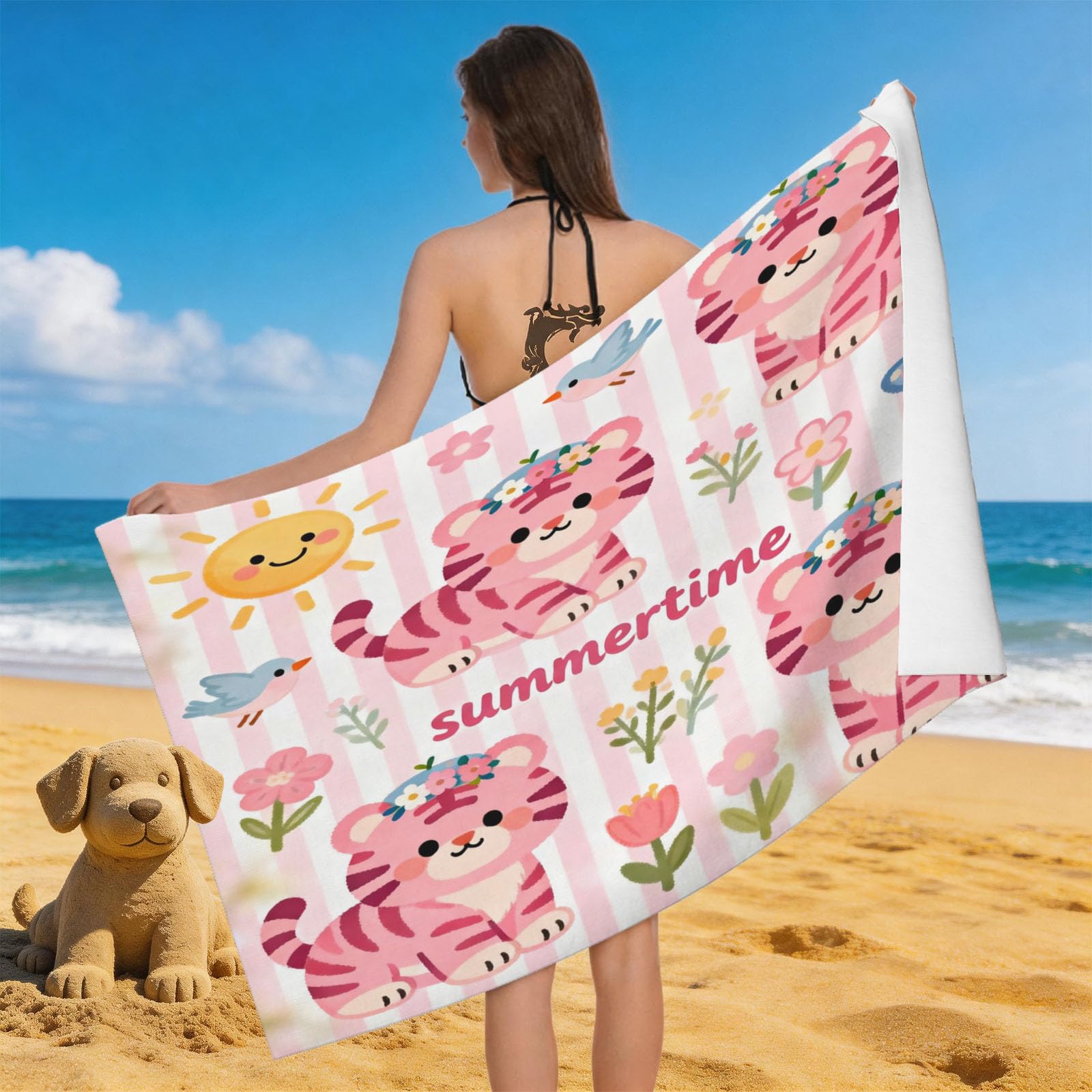 Leichong 3D Tiger Printed Beach Towel Microfiber Soft Quick Dry for Adults, Summer Theme Bath Towel Lightweight Soft Absorbent for Travel Swimming Pool Sports, 75 x 150 cm
