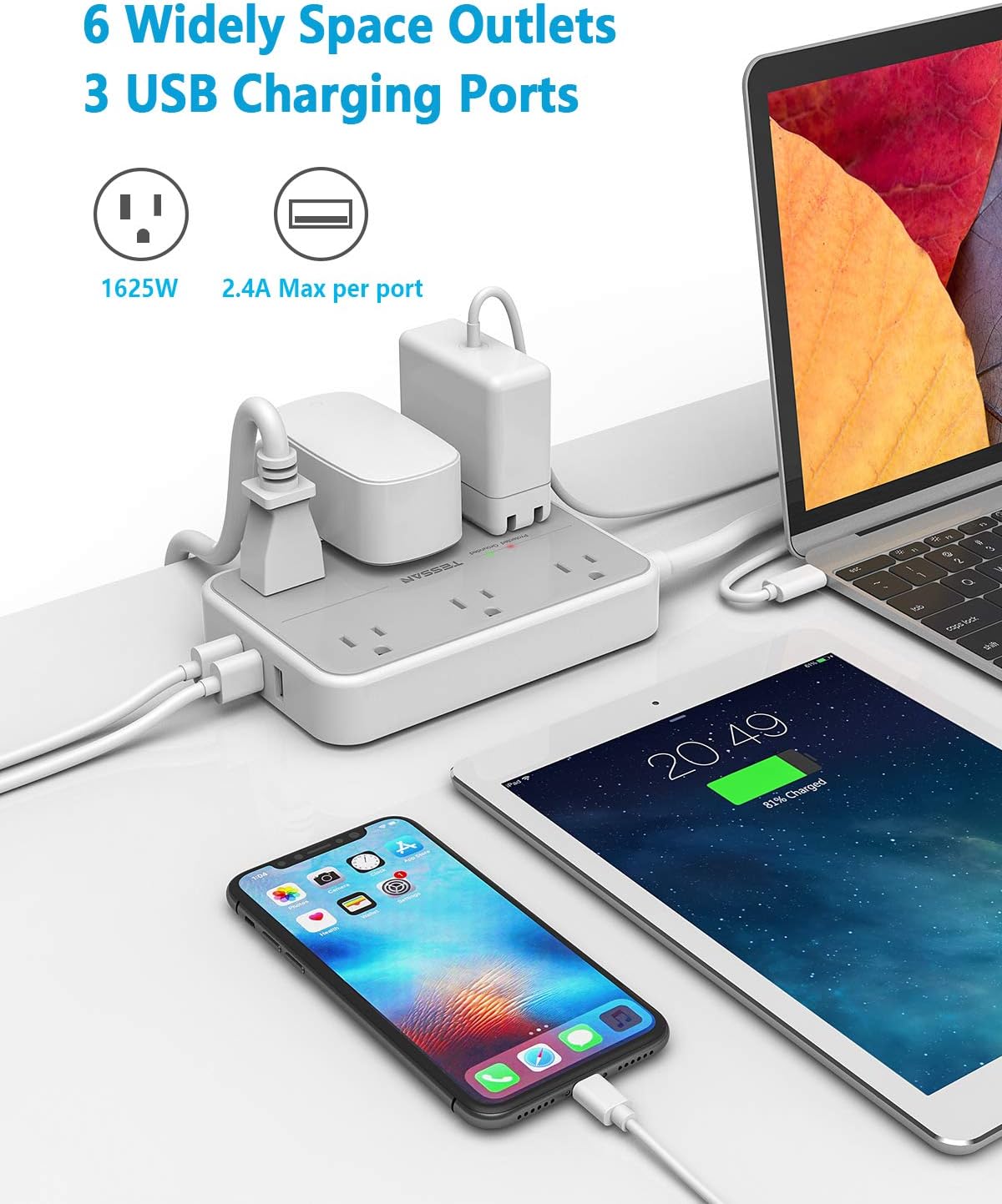 Buy Surge Protector with USB, TESSAN Power Strip Flat Plug with 6