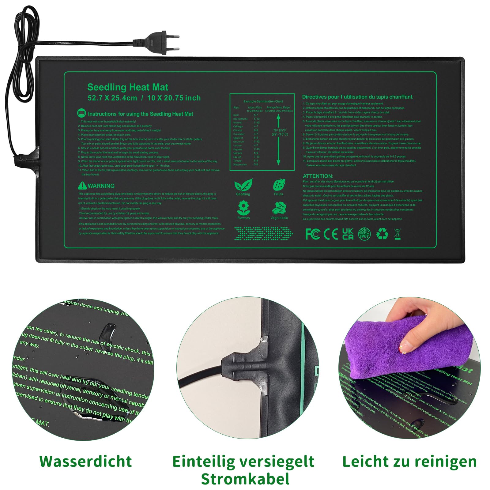 NAMOTEK Alfombra calefactora para Plantas 52x24 cm - Alfombrilla térmica Impermeable para germinación e hidroponía - Duradera, estándar Met, Enchufe EU