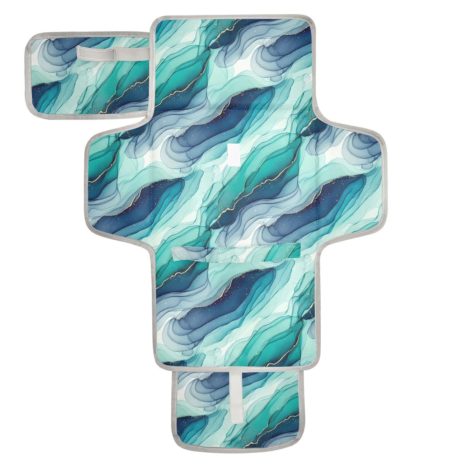 Portable Diaper Changing Pad Waterproof Foldable with Built-in Head Pillow Mesh Pocket, Teal Hues Fluid Texture
