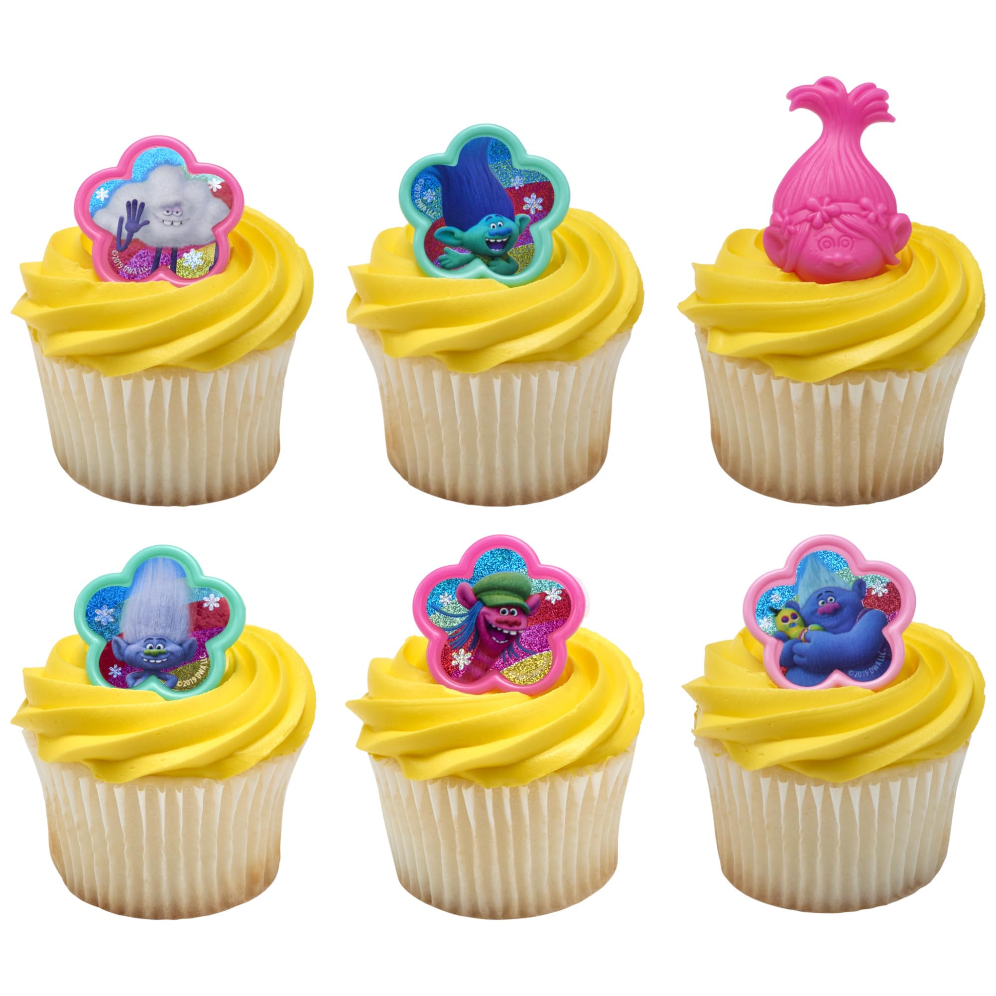 DecoPac DreamWorks Trolls Rings, 24 Cupcake Decorations Featuring Poppy & Friends, colorful assortment - 24 Pack