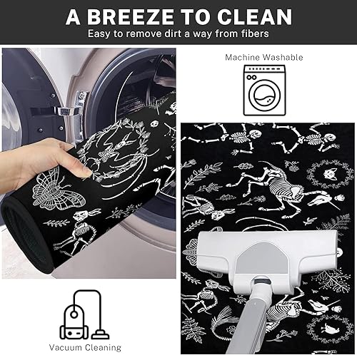 Miniatura 5 de ArtSocket Juego de 2 alfombras y tapetes de cocina de Halloween, antideslizantes, lavables, gran diseño gótico de conejo, polilla negra, alfombra de