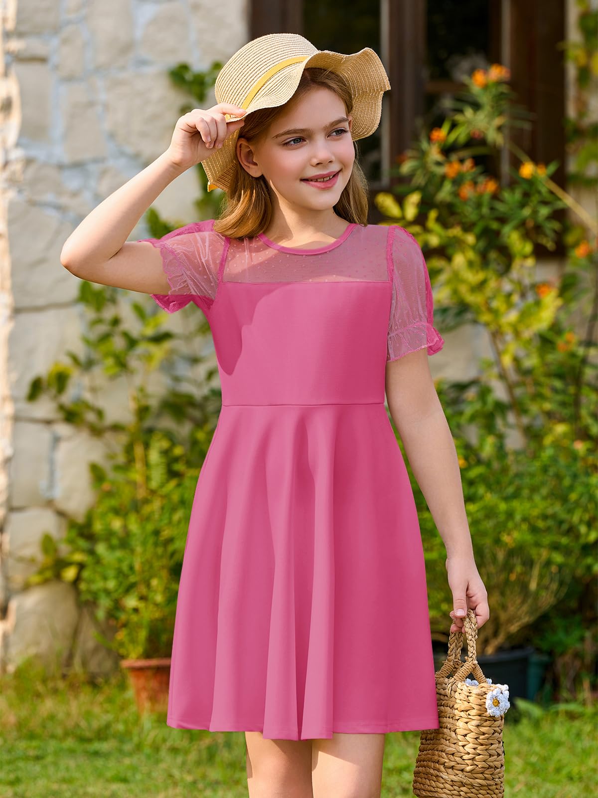 Haloumoning Vestito a maniche corte a sbuffo in rete a contrasto per ragazze a vita alta abiti casual con tasche 4-14 anni
