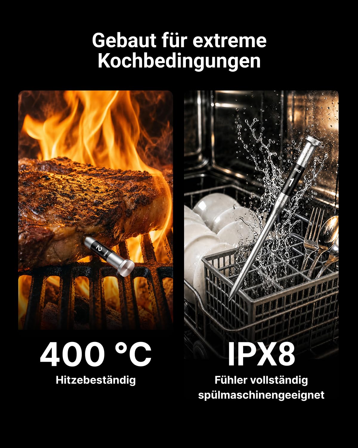 ThermoMaven X2 Fleischthermometer kabellos, 915m Sub-1G Reichweite Kein App | Grillthermometer kabellos mit 2 dünnen Sonden, 6 NIST-Sensoren, LCD-Display, Bratenthermometer für BBQ, Smoker, Backofen