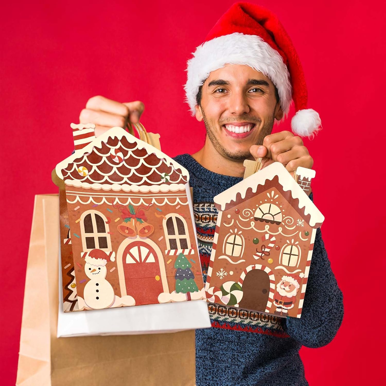 Bolsome 16 Pcs Christmas Gift Bags Gingerbread House Kraft Paper Goodie Bags with Handles Xmas Candy Treat Bags for Winter Holiday Baby Shower Party Favors Supplies - Image 7