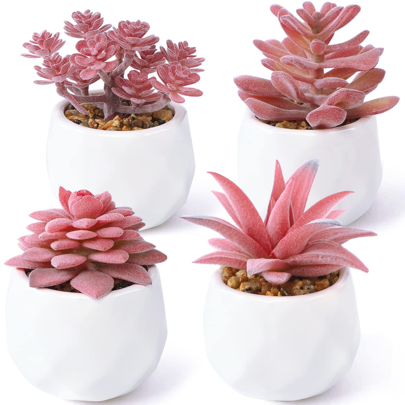 Set of 4 Artificial Succulent Plants - Decorative Faux Potted Realistic Mini Fake Succulents Plant in Pots- Fake Plants for Home Tabletop Office Kitchen Outdoor Decor, Pink