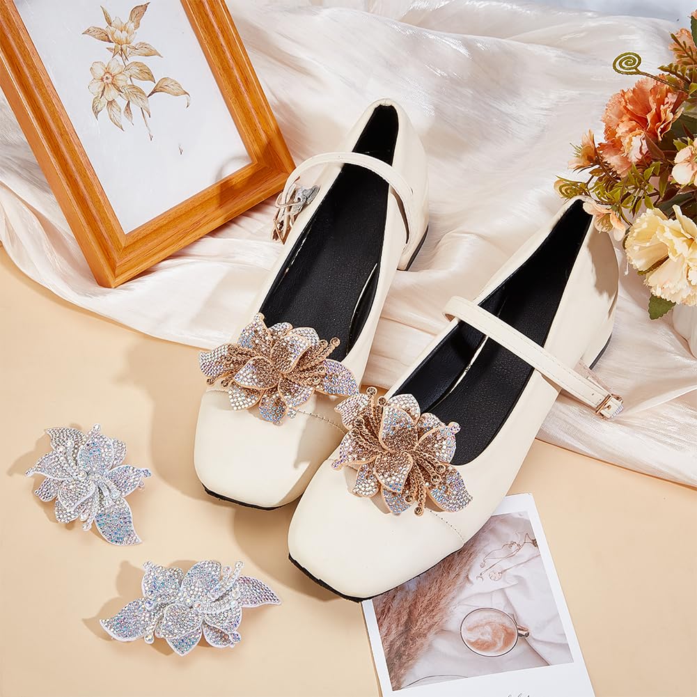 CRASPIRE 4 Pcs 2 Colors Rhinestone Flower Shape Crystal Shoe Clip Shoe Charms Buckles Gold Silver Detachable Jewelry Decoration for Women — view 3