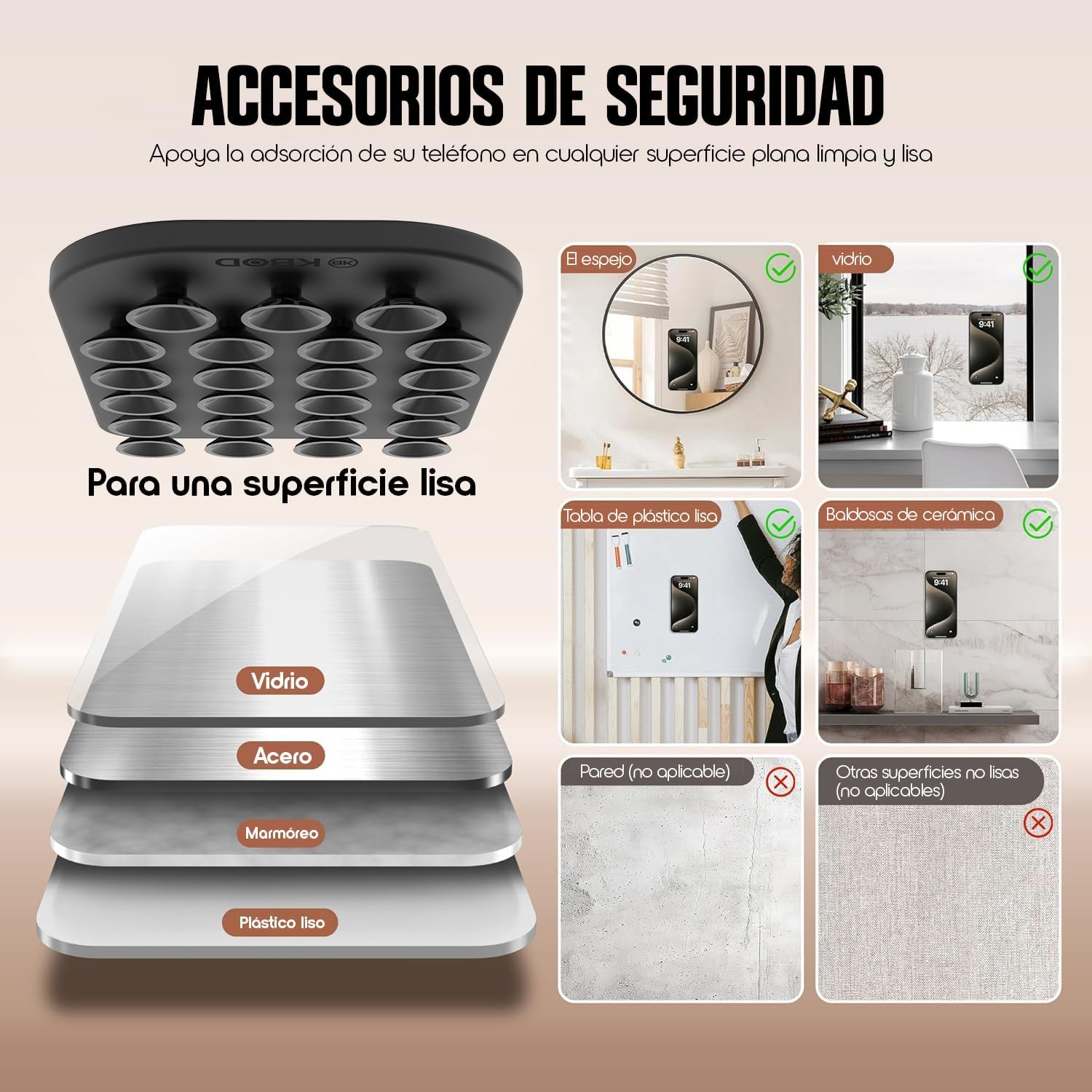 Diagram showing compatible smooth surfaces like glass, mirror, smooth plastic, and ceramic tiles, and incompatible textured walls.