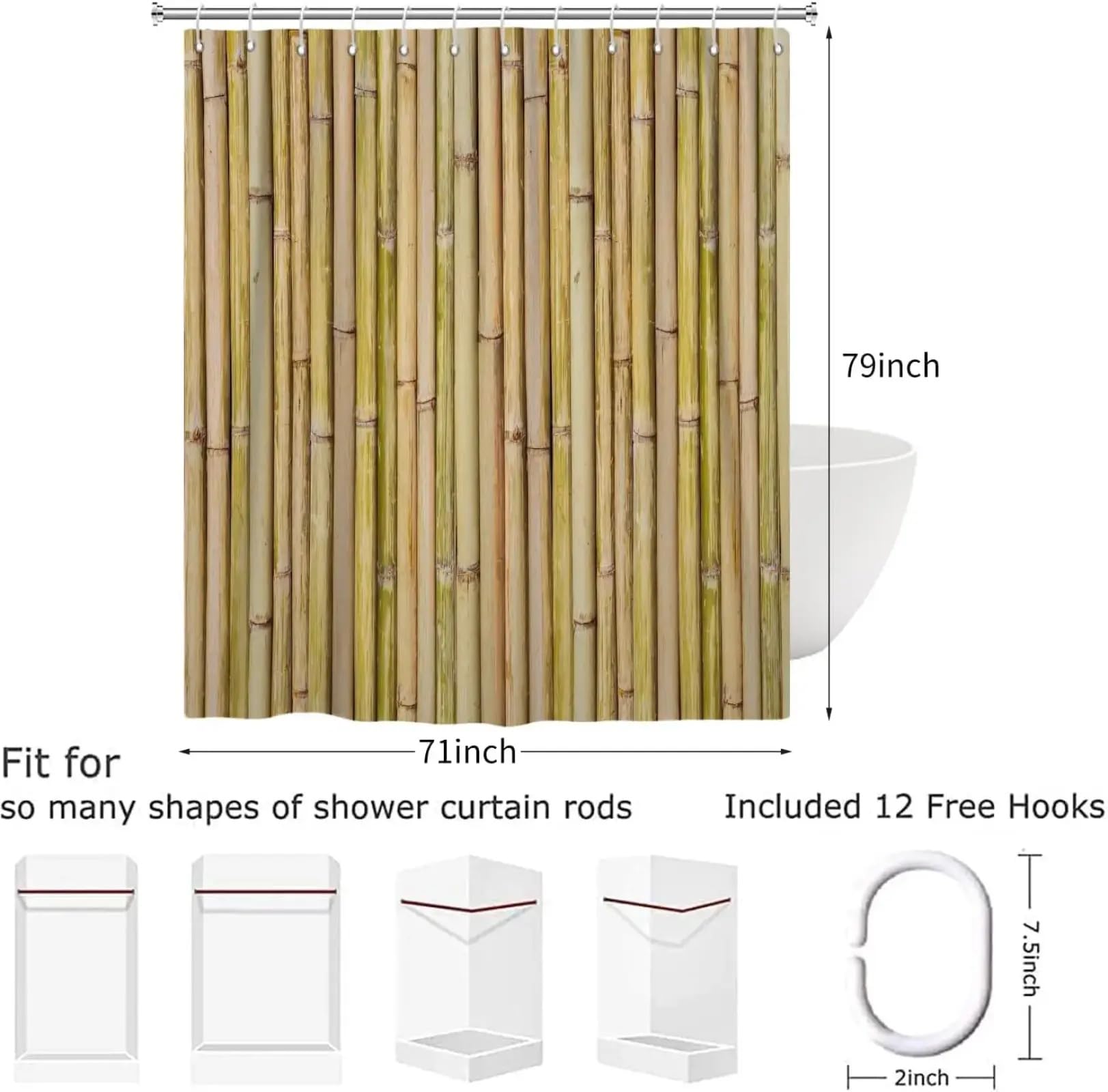 Tenda da doccia con motivo giapponese Zen in bambù, stile country, per bagno, impermeabile, lavabile, in poliestere intrecciato, 300x200 cm/118x79 pollici (larghezza x altezza).