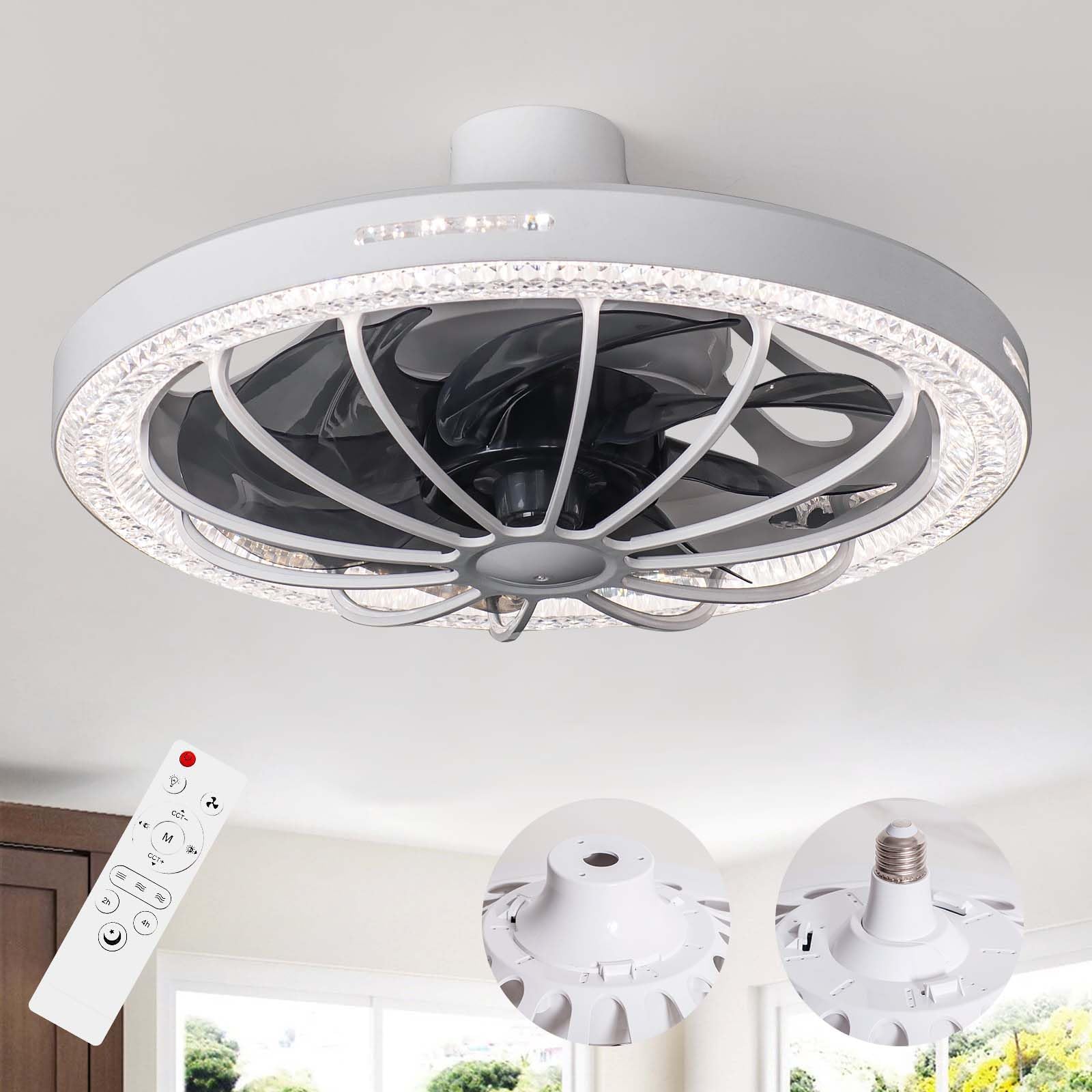 Socket Fan Light with Remote 13 inch Socket Ceiling Fan with Dimmable Led Light 3 Colors 3000K-6500K 3