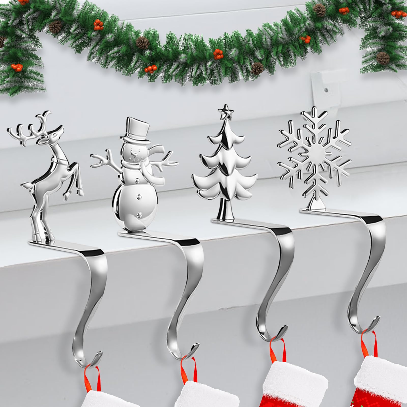 Set Of 4 Heavy Weighted Christmas Stocking Holders – Snowflake, Snowman, Tree, Deer Mantel Hooks (Silver)