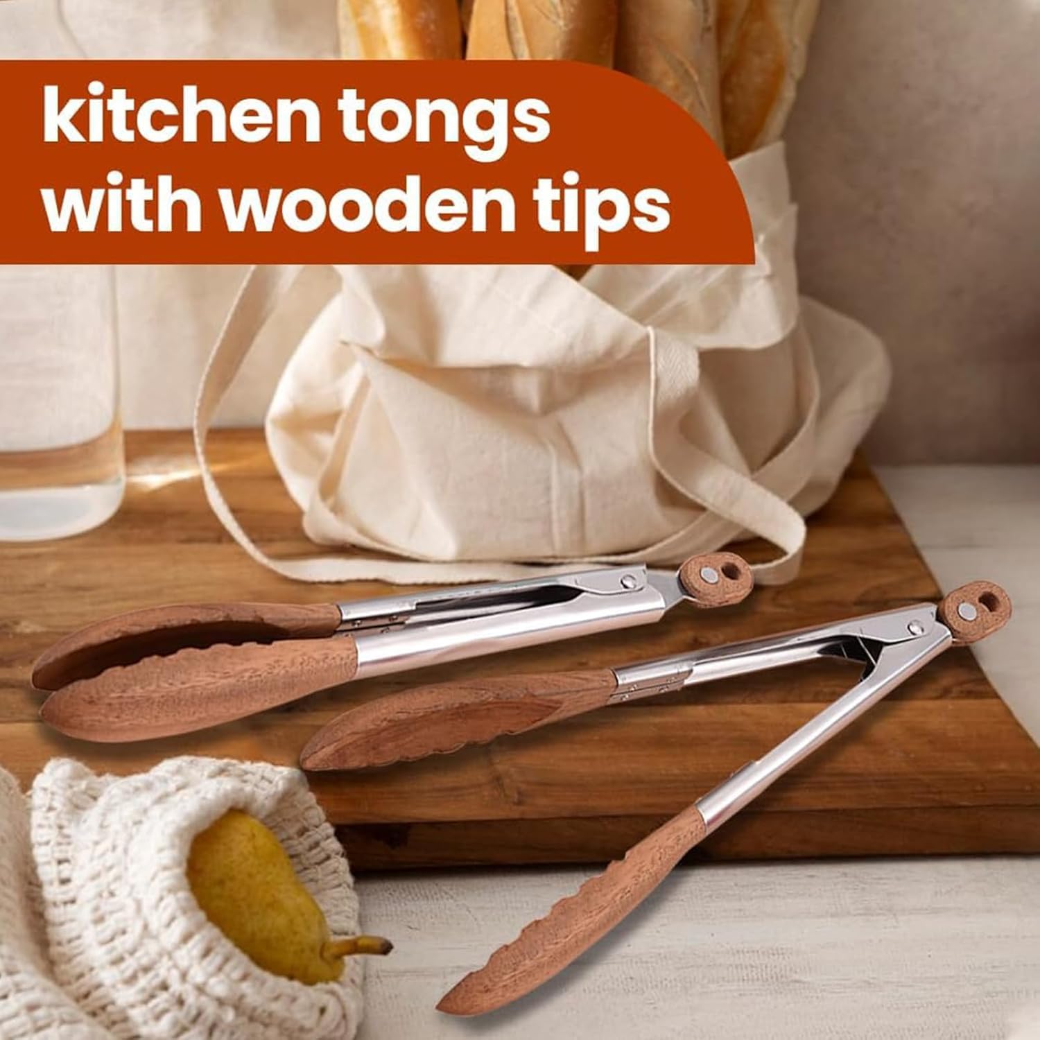 Pinzas de cocina de madera, resistentes al calor, con clip de bloqueo, diseño antideslizante para barbacoa y ensalada, juego de 2 pinzas de madera de nogal duraderas