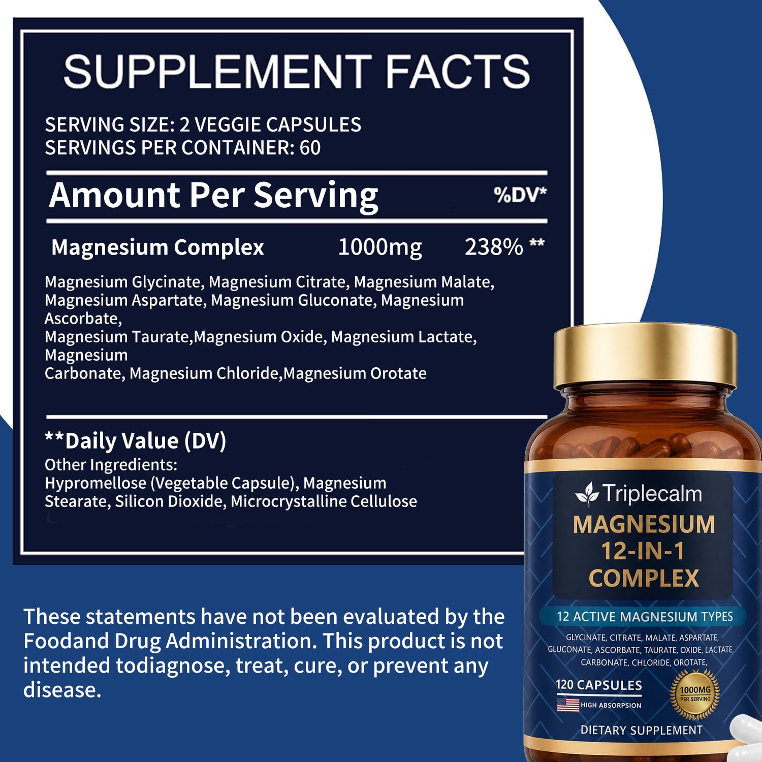 Magnesium Complex 12 in 1 for Women & Men, 1000mg High Absorption Magnesium Supplement with Glycinate, Citrate, Malate & Taurate, Supports Sleep, Muscle, Nerve & Relaxation, Vegan, 120 Capsules — Amazon image 2