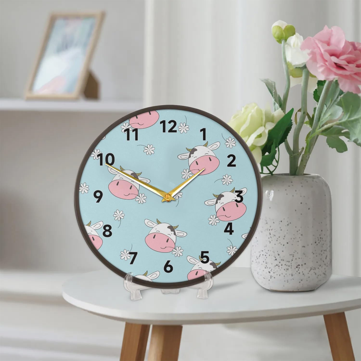 Krowy kwiatowy wzór zegar ścienny 30 cm cichy nietykający zasilany bateriami kwarcowy nowoczesny okrągły zegar analogowy do salonu biura domu sypialni kuchni łazienki szkoły
