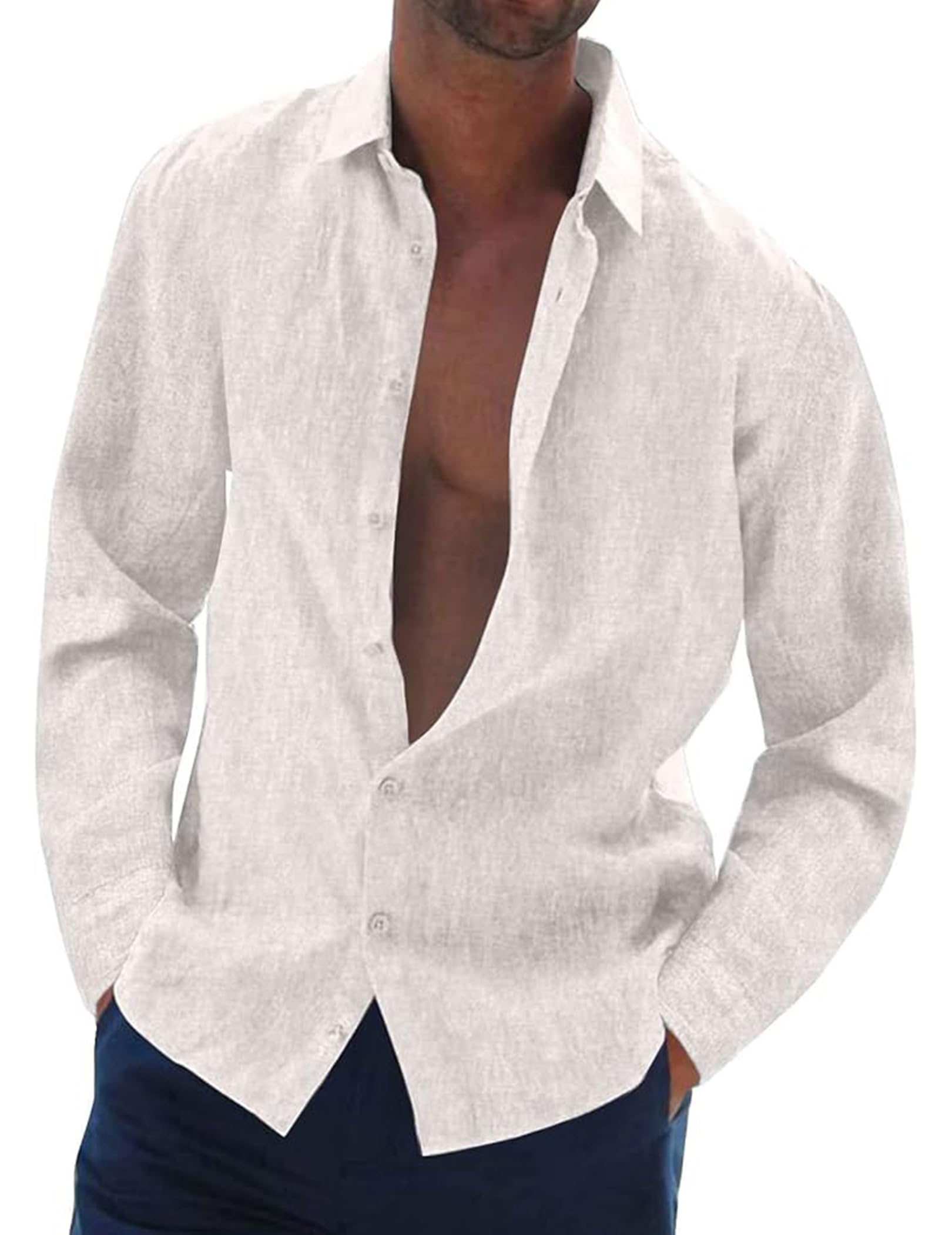 Leinenhemd Herren Langarm Sommer Freizeithemd Baumwolle Leinen Einfarbig Musselin Shirt Strand Oberteile