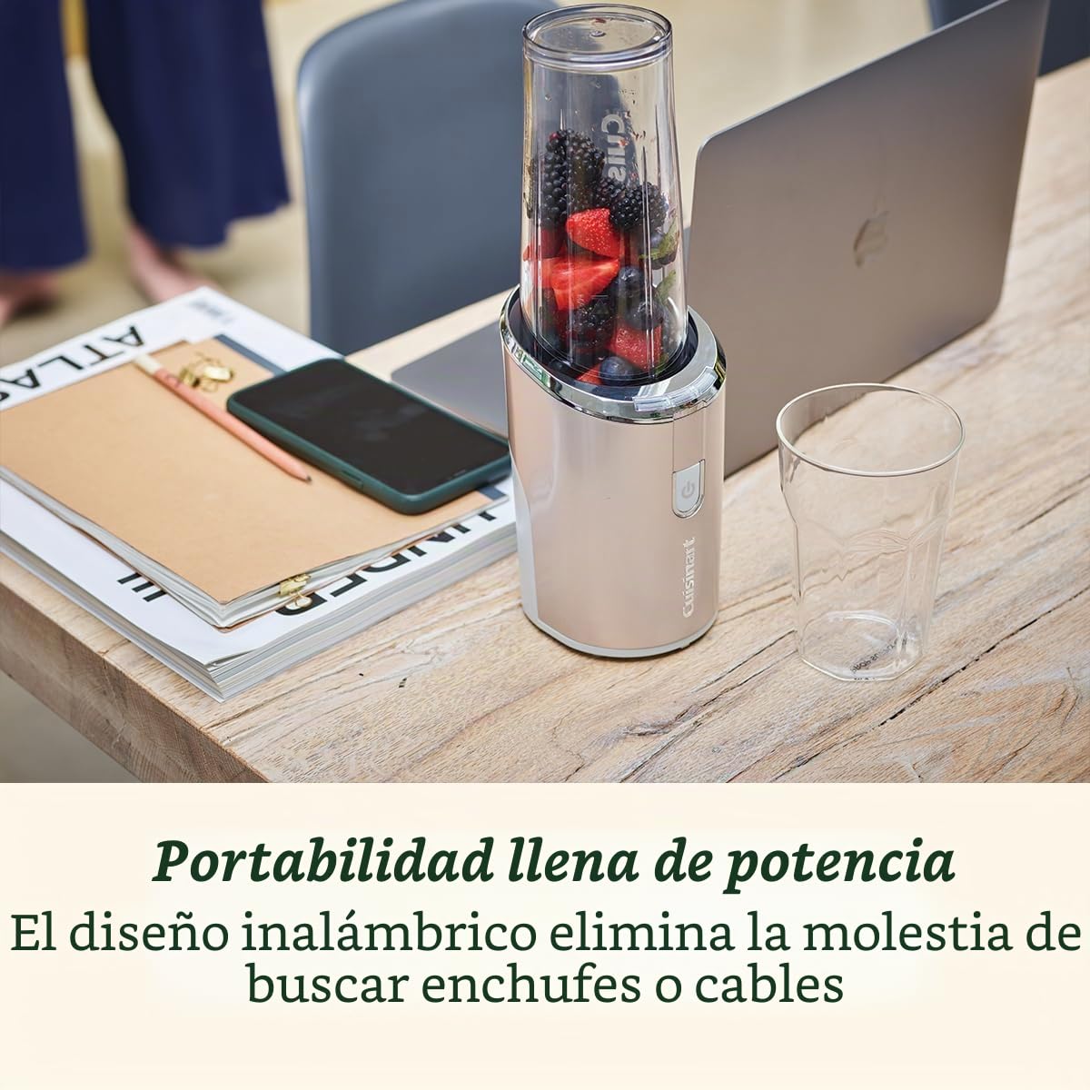 Cuisinart Licuadora portátil inalámbrica para llevar de 450 ml, trituradora de hielo, frappé, batidos recargable por USB, vaso de mezcla Tritan sin BPA con tapa incluida