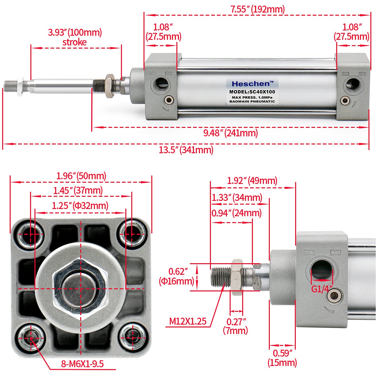 Cilindro Pneumatico SC 40-250 - Alesaggio 40mm, Corsa 250mm, Doppio Effetto, Porta PT1/4'' - Foto 2