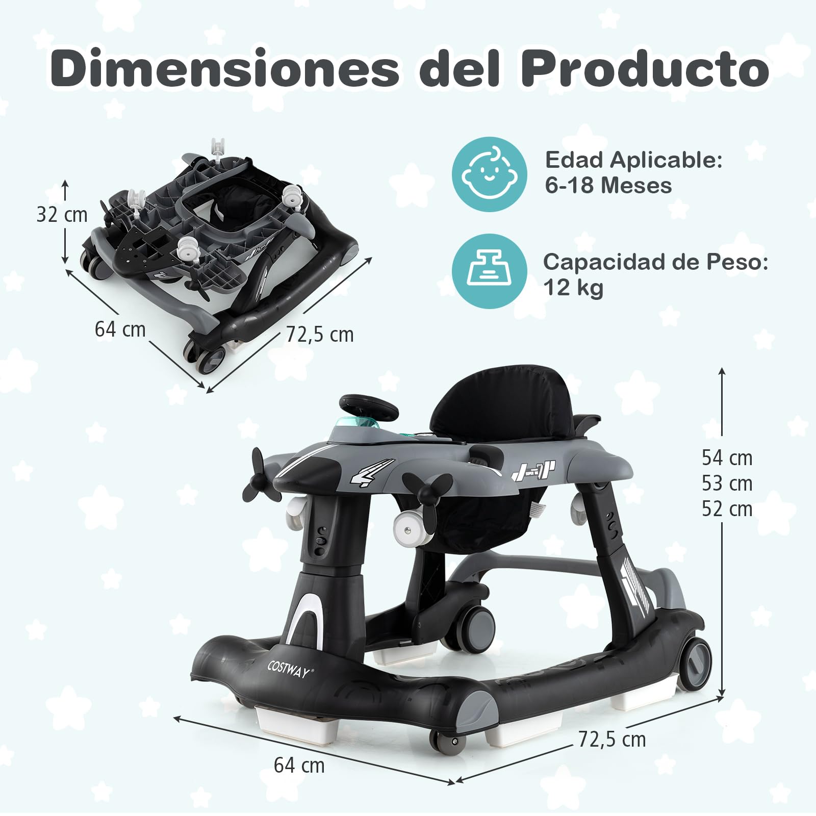 COSTWAY 6 en 1 Andador Bebés, Andador Plegable de Avión, Altura Ajustable en 3 Niveles, 6 Ruedas Universales, Caja de Música Extraíble, Tacata Bebes, Caminador Bebe para Niños de 6-18 Meses (Gris)