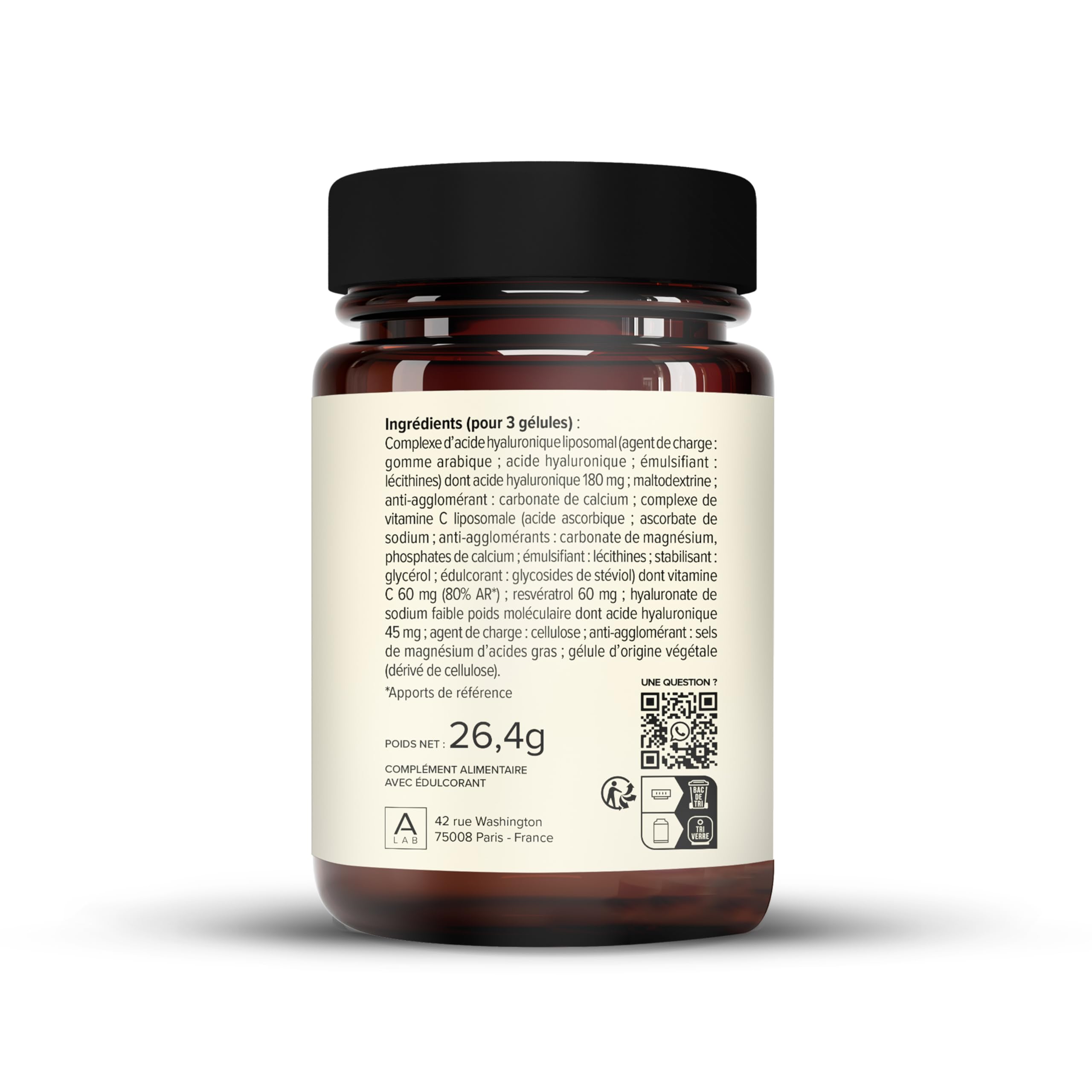 A-LAB Acide Hyaluronique Liposomal - Assimilation Renforcée - Complément Alimentaire Anti-Rides, Elasticité, Fermeté de la Peau - Resvératrol, 225 mg, 20 jours - Fabriqué en France