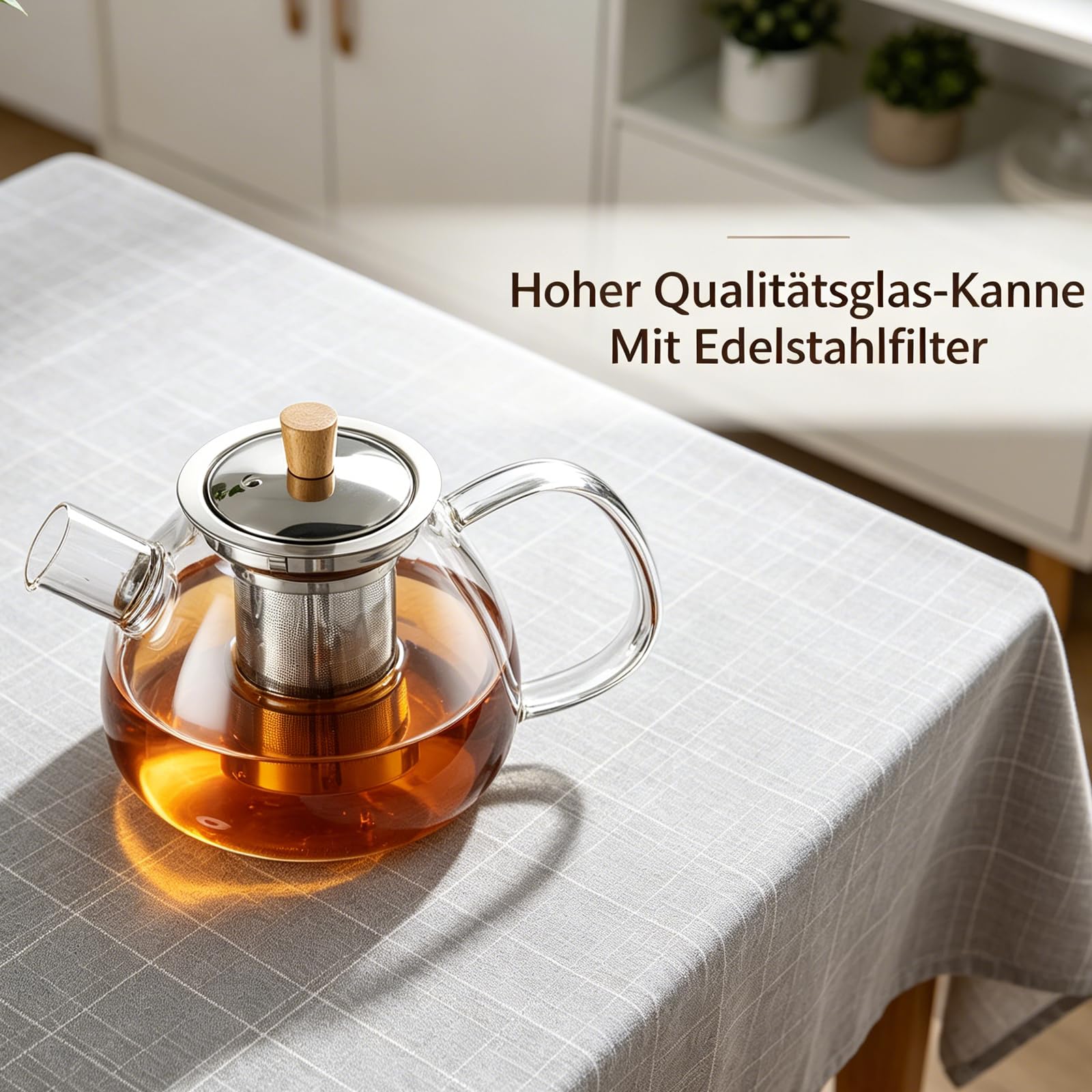 Glas Teekanne mit Siebeinsatz, 1,5 Liter Verstärkte Glasstärke Robuster Teapot, Glasteekanne für Grüntee, Schwarzen Tee, Duftenden Früchtetee