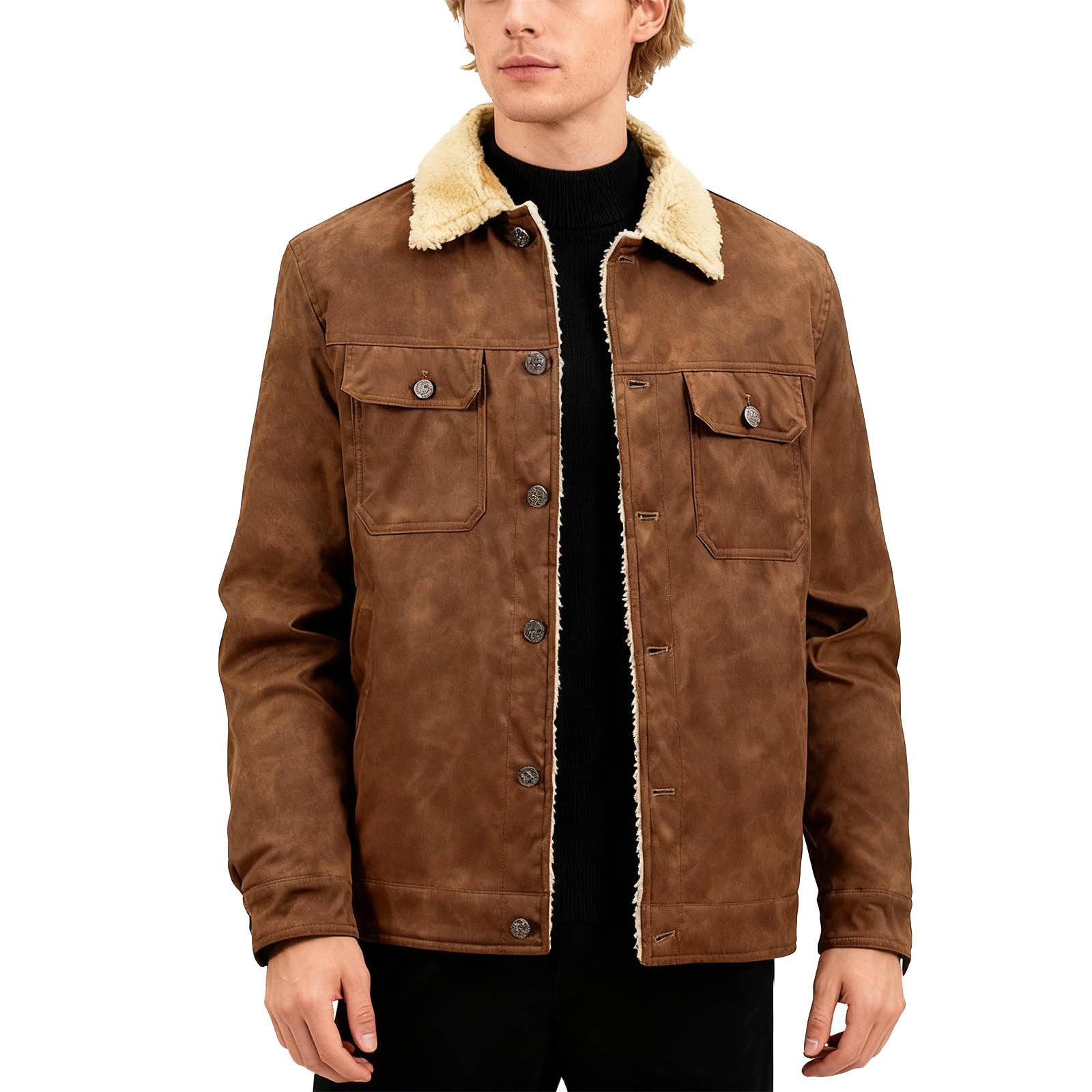 Chaqueta con forro de sherpa para hombre, chaqueta de invierno de forro polar, chaqueta de camionero de manga larga, abrigo de vaquero de peluche, abrigo térmico cálido con botones, abrigo