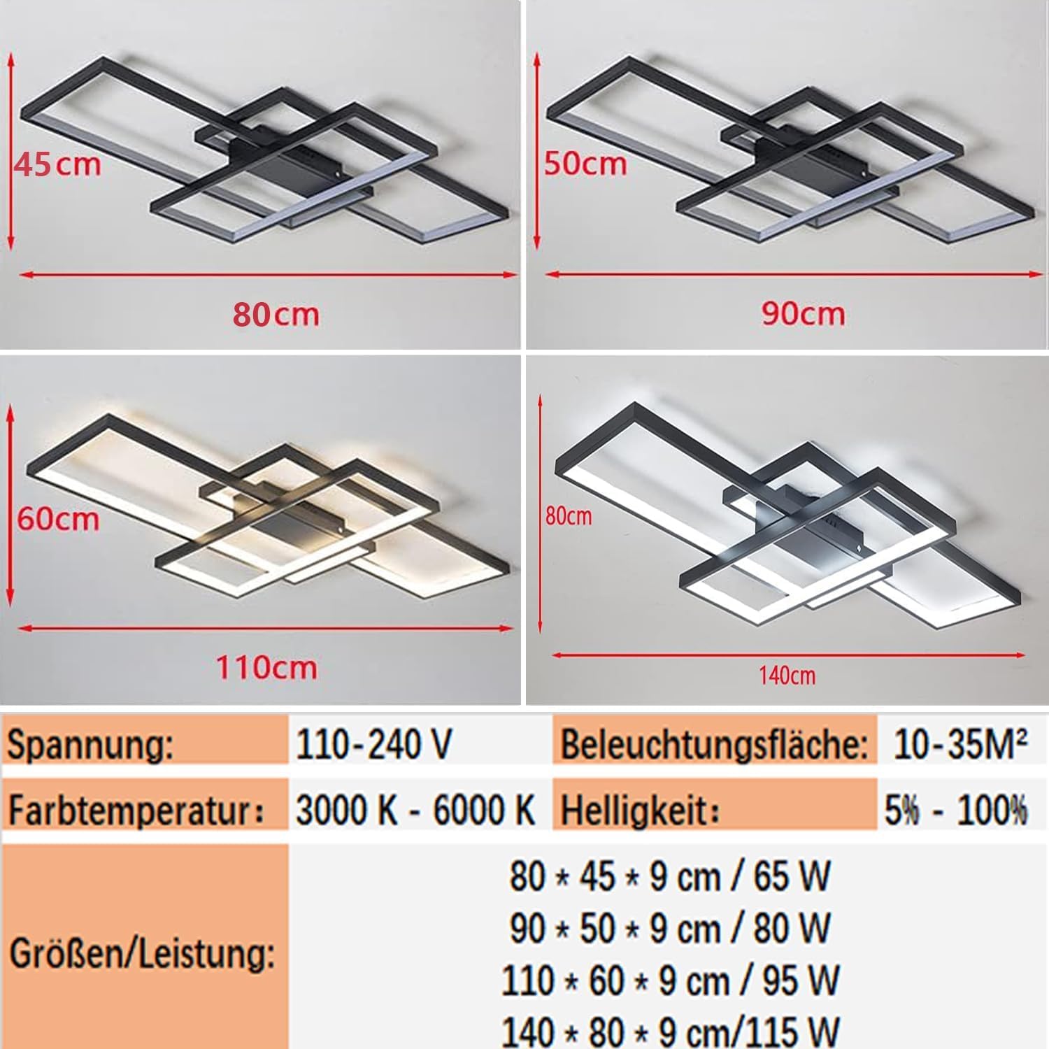Deckenlampe Wohnzimmer,Led Deckenleuchte Einbau Led Rechteckig mit Fernbedienung Dimmbar deckenlampe schlafzimmer 3000K-6000K für Esszimmer Wohnzimmer. (80 * 45CM/65W,schwarz)