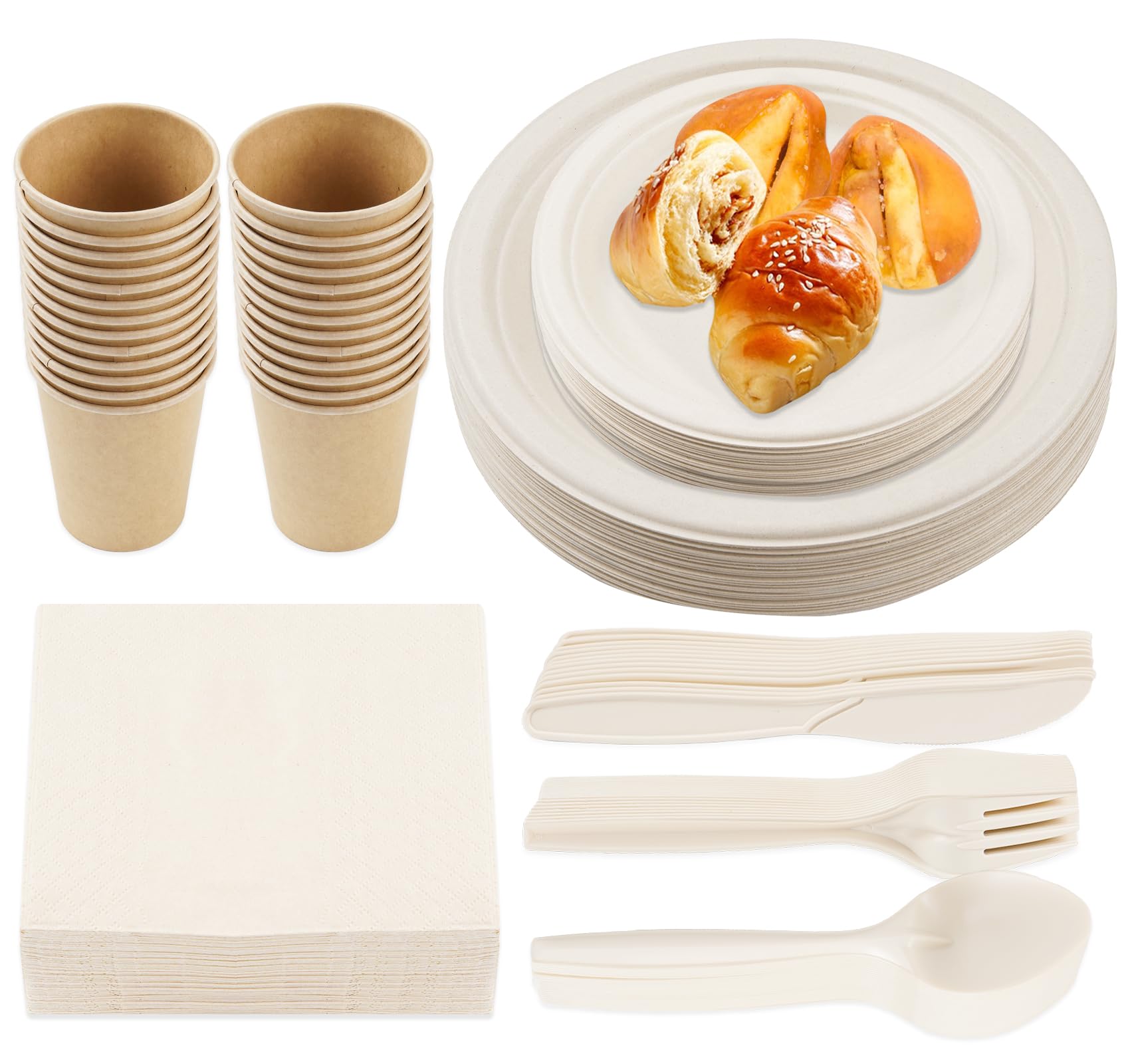 Kompostierbare Pappteller & Besteck – 300-teiliges Set Aus Zuckerrohr Für 50 Gäste