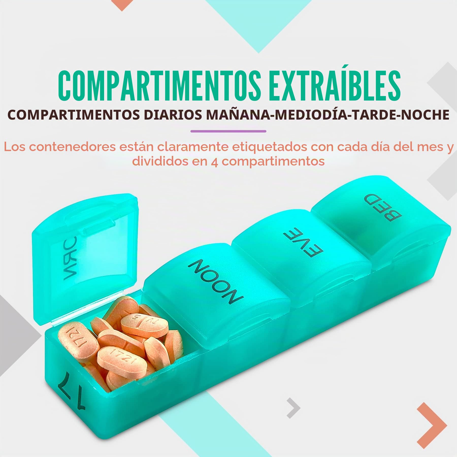 Pastillero organizador mensual - 4 veces al día mañana-mediodía-tarde-noche - Grandes 32 pastilleros diarios con compartimentos para vitaminas, suplementos