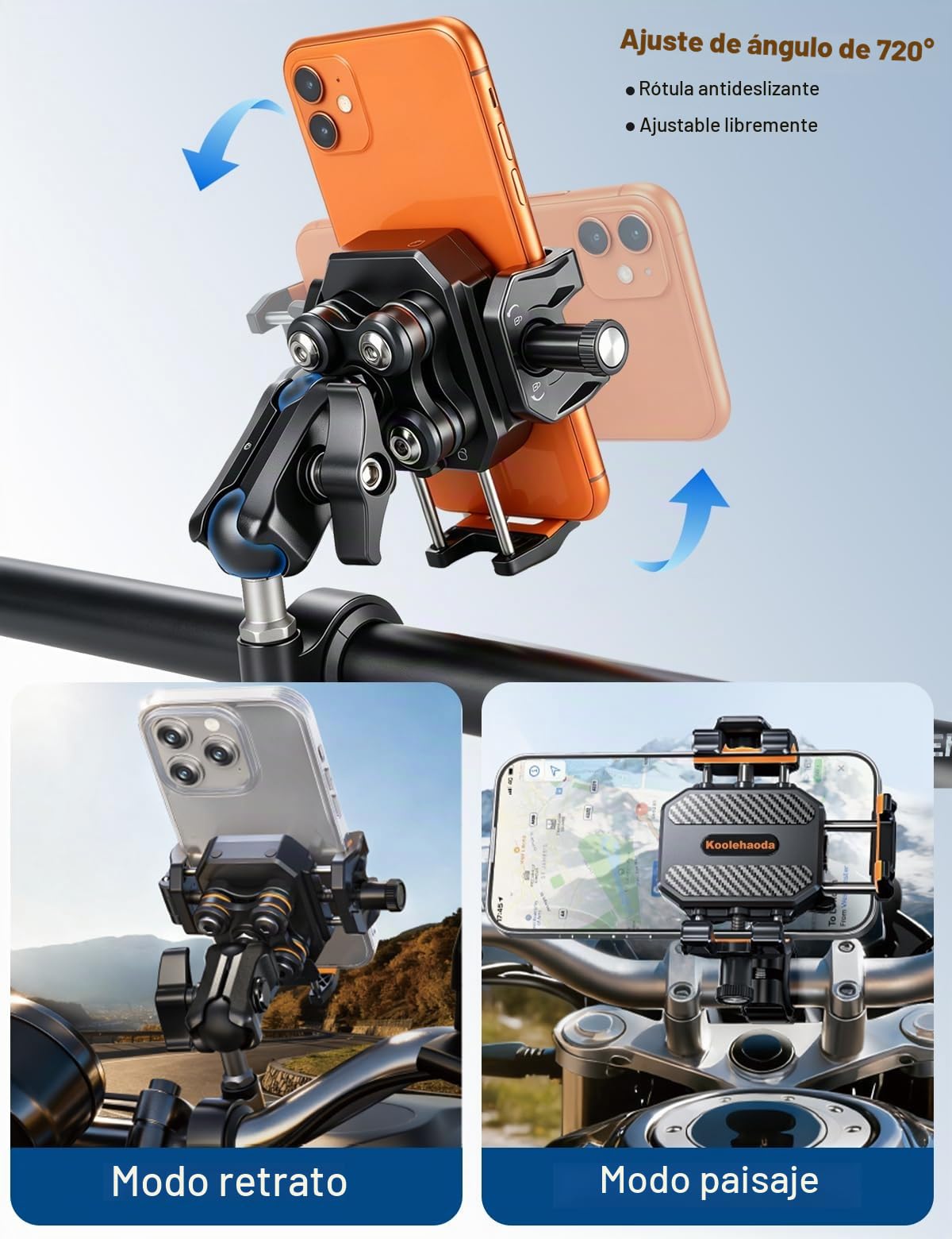 koolehaoda Soporte Móvil Moto con Amortiguador de Vibraciones [Doble Antivibración] Soporte Giratorio de 360° para Motocicleta, Bicicleta, ATV, UTV y Scooter Compatible con 5.4-7.2" Smartphones