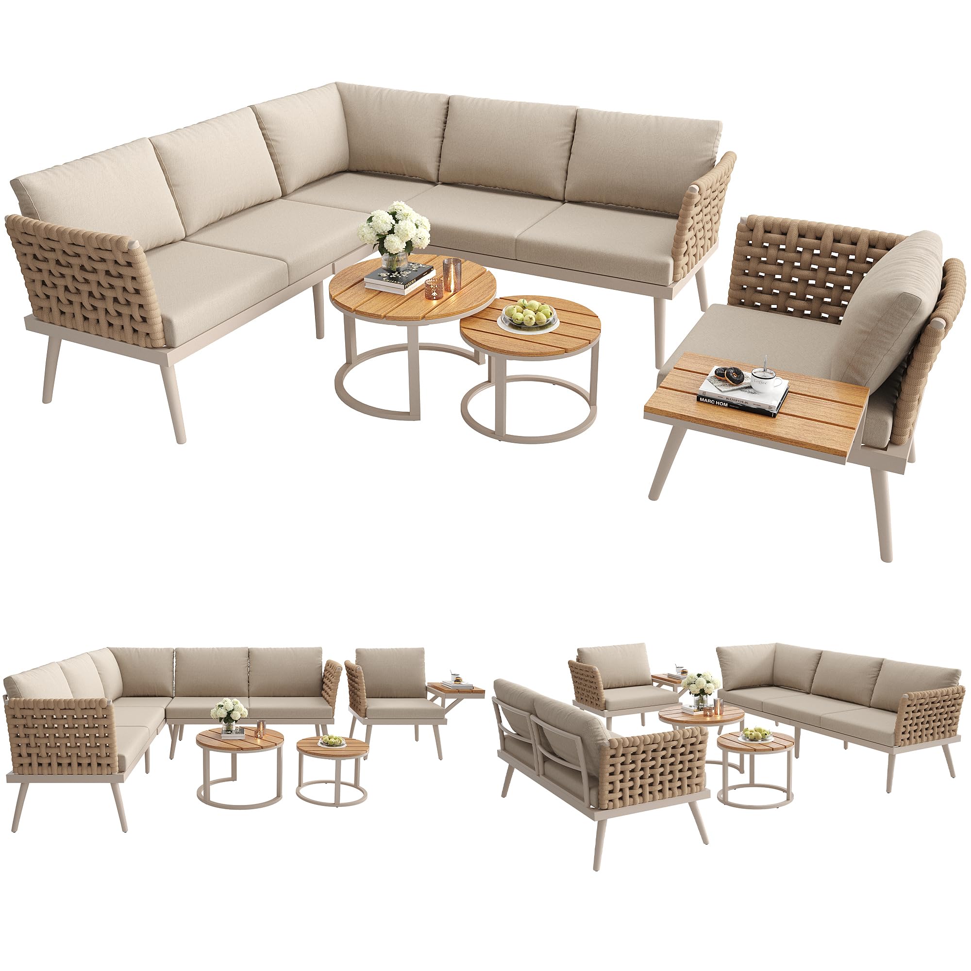 Juego de sofá de jardín para seis personas en forma de L con reposabrazos trenzados a mano, muebles de esquina de hierro resistentes a la intemperie, incluye 2 mesas de café y sillones de