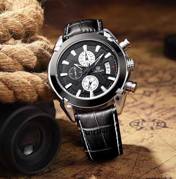 Megir Orologio Uomo Cronografo Sportivi Militare Multifunzione Pelle Nero  Marrone Analogico Quarzo Marche Orologi : Amazon.it: Orologi