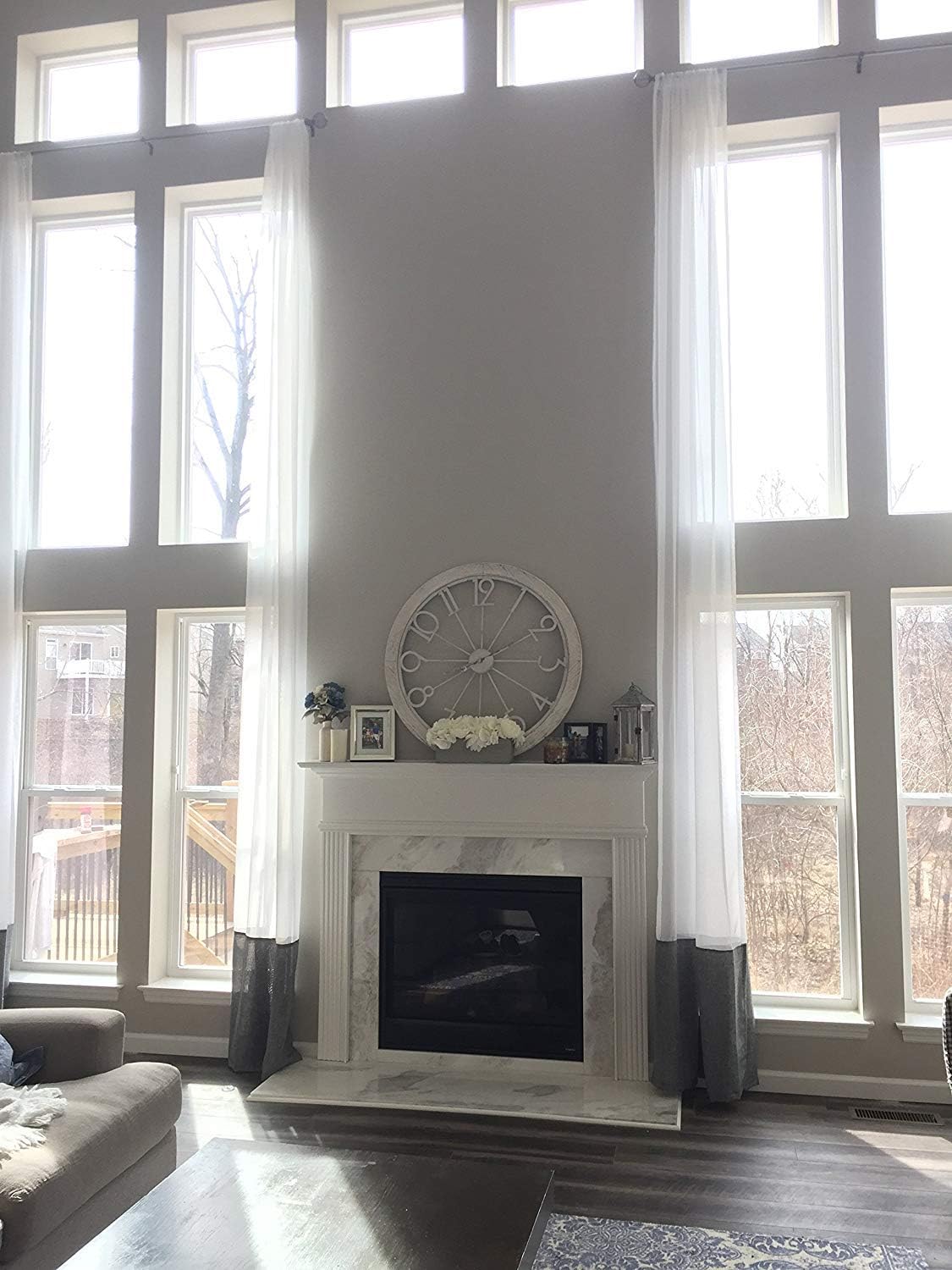 Ikiriska Set of 2 Sheer Voile Extra Long White Decorative Curtains with Gray Linen Custom Made 13, 14, 15, 16, 17, 18 24 ft Long Drapes for 2 Story Rooms Free SWATCHES (9 ft)