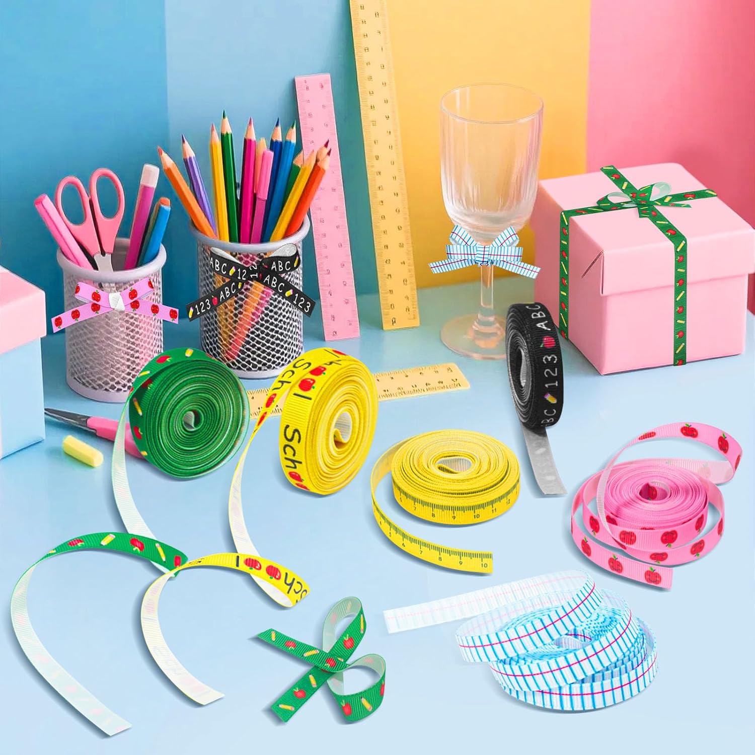 6 PCS Ruler Ribbon Teacher Themed 30 Yards, Back to School Ruler, ABC Ribbon Sewing DIY Crafts Supplies (0.39 Inches)