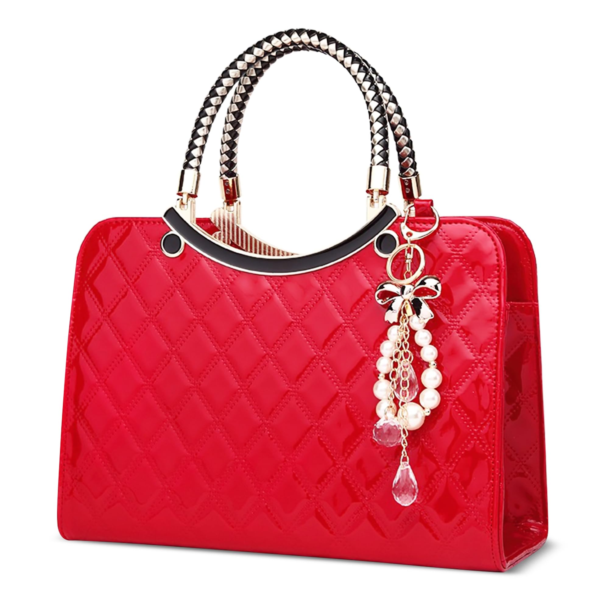 DIRRONA Borsa a Mano Donna in Pelle PU Lucida Trapuntata Elegante con Decorazione Fiocco e Perle – Borsa Donna per Matrimonio, Eventi Formali, Ufficio e Uso Giornaliero Rosso Vivace