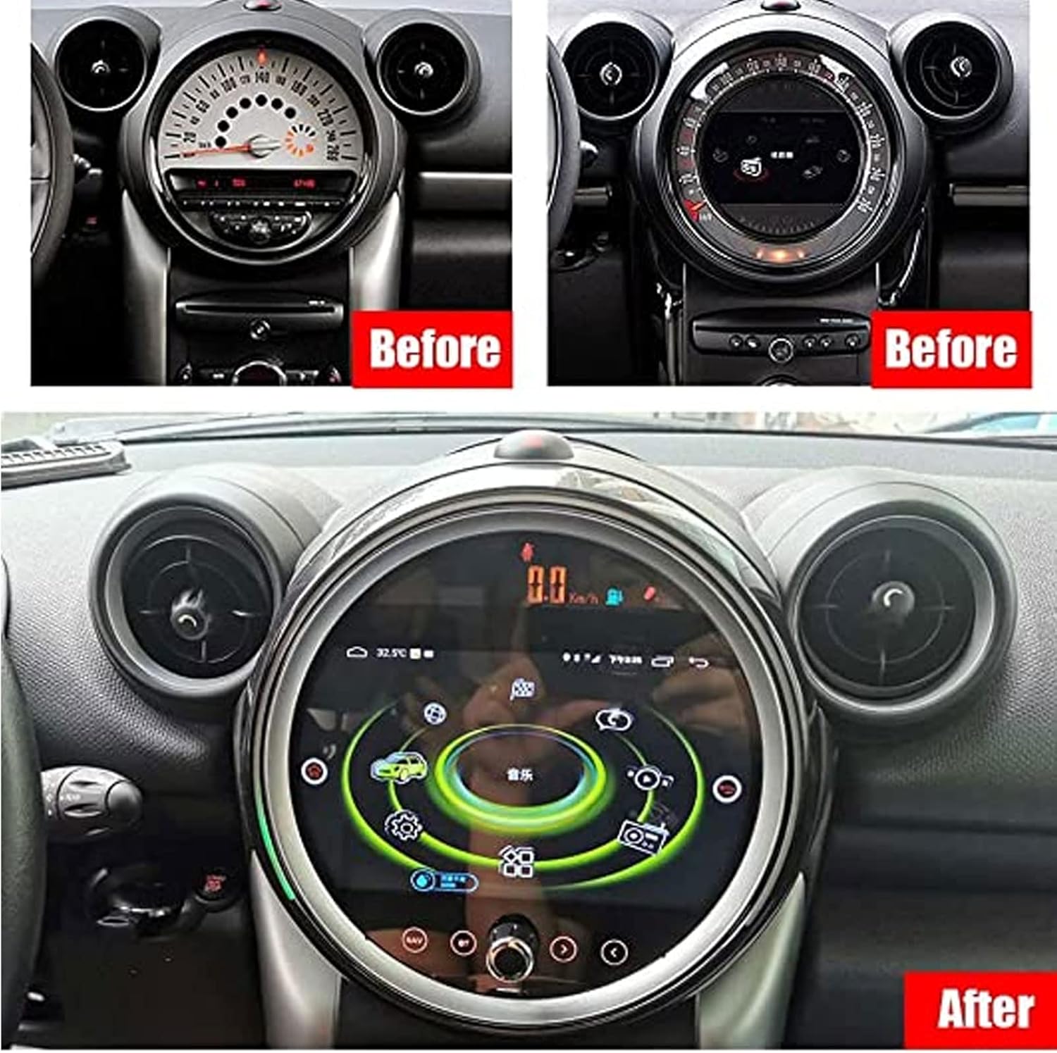 ASVEGE 9-inch multimedia player installed in a BMW Mini Cooper dashboard.