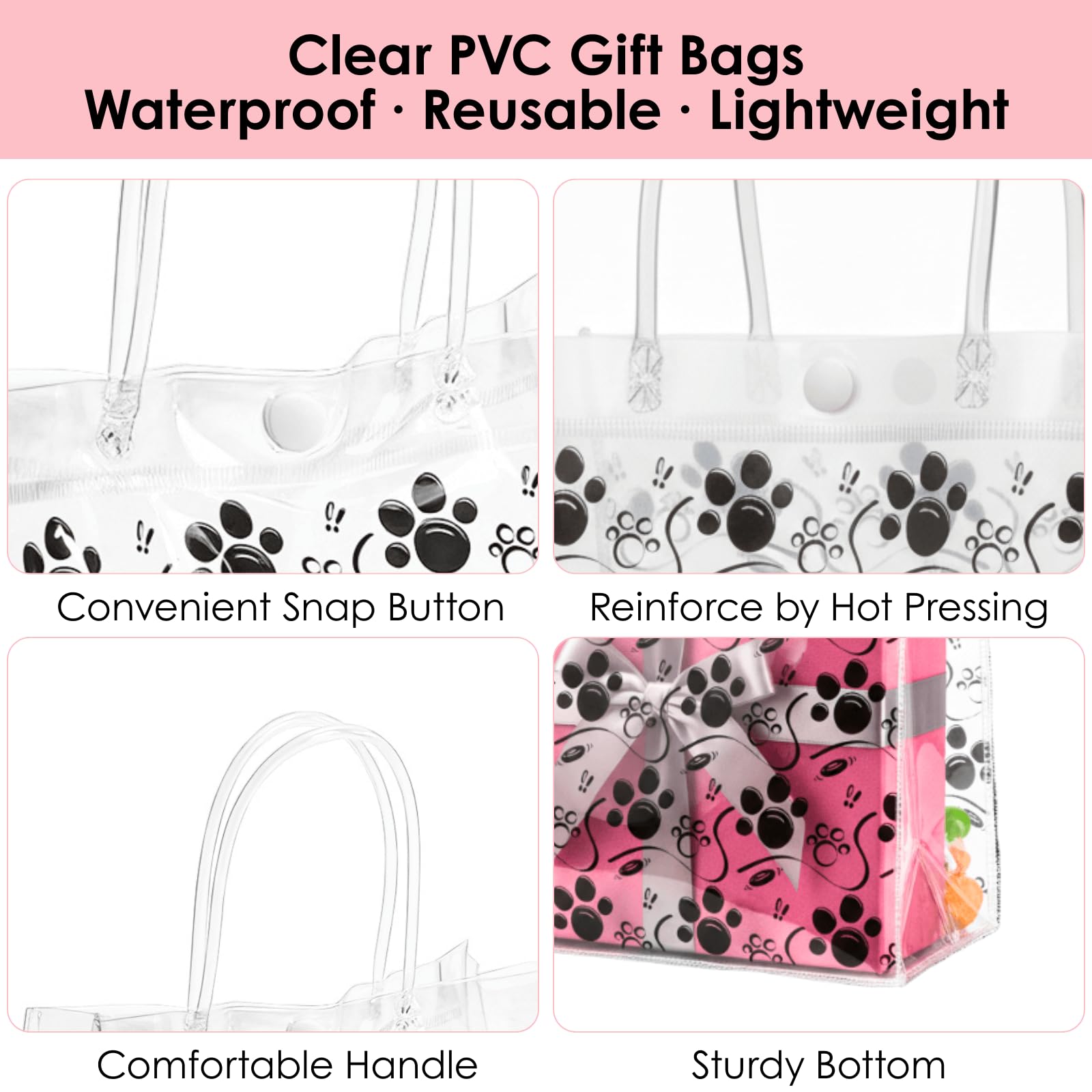 Youeon 30 Pcs Dog Paw Clear Gift Bags with Handles, 8x8x3 Inch Reusable PVC Treat Bags, Transparent Plastic Tote Bags for Pet Party, Birthday, Baby Shower, Candy, Cookie, Easter Favor Gifts