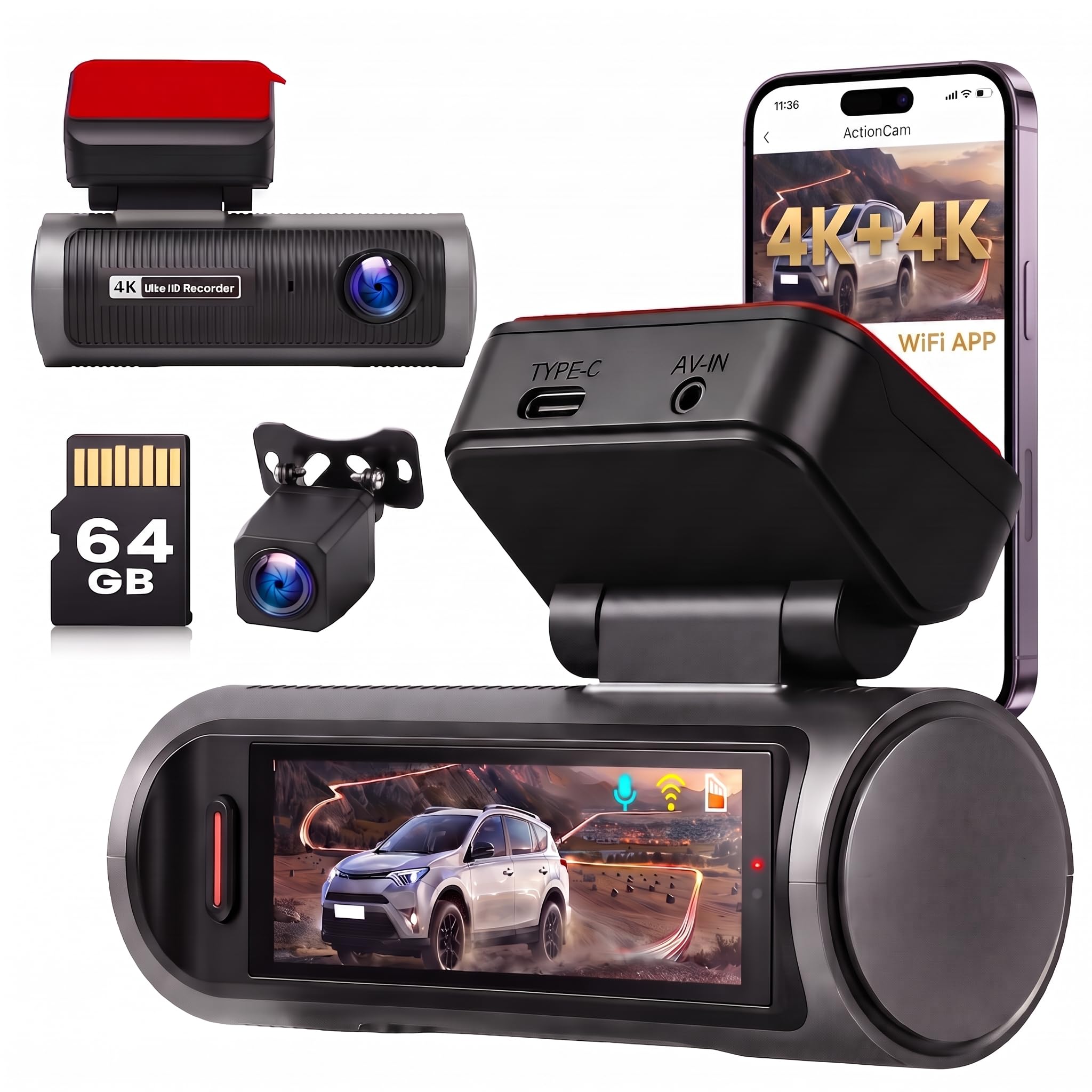 Inefala 4K+4K Dashcam con Pantalla táctil Doble Lente, Dash CAM Coche con IPS 3,2'' Cámara para Coche con Tarjeta SD de 64GB Grand Angle Visión Nocturn WiFi App Controlcon Sensor G Grabación de Bucle