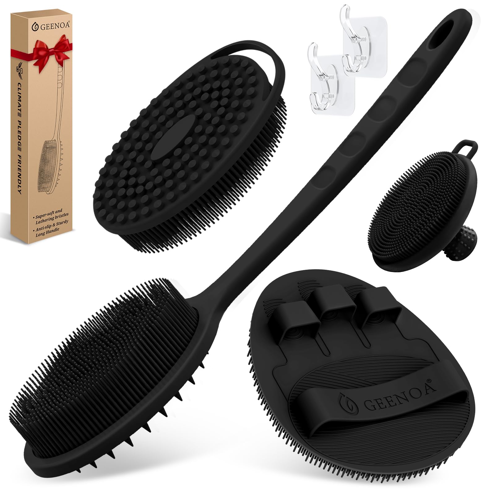 GEENOA Silicone Back/Body/Face Scrubber & Soft Bath Glove Set 4PCS, Gentle Exfoliating Back & Body Scrubber with Dual-Side Brush Head, Hand-fit Bath Glove & Face Scrubber for Deep Cleaning(Black-4PC)