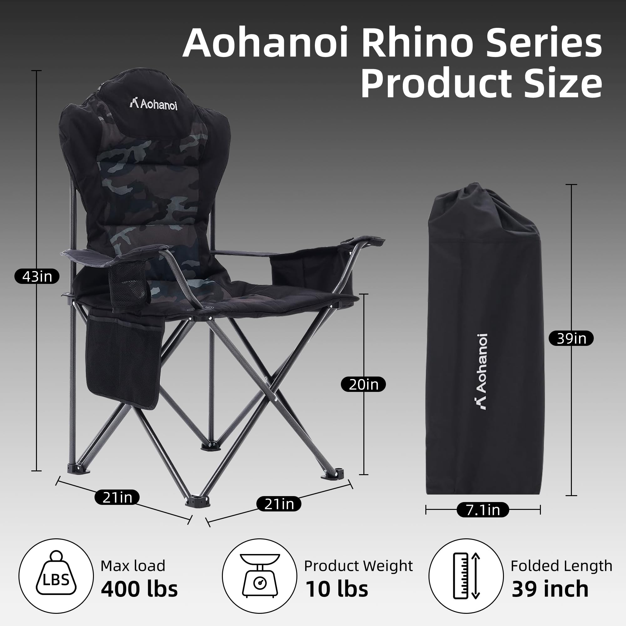 Aohanoi - Sillas de camping para personas pesadas, sillas plegables para exteriores con soporte para tazas y bolsa refrigeradora, sillas de campamento con soporte de hasta 300 libras (1 PC, camuflaje)