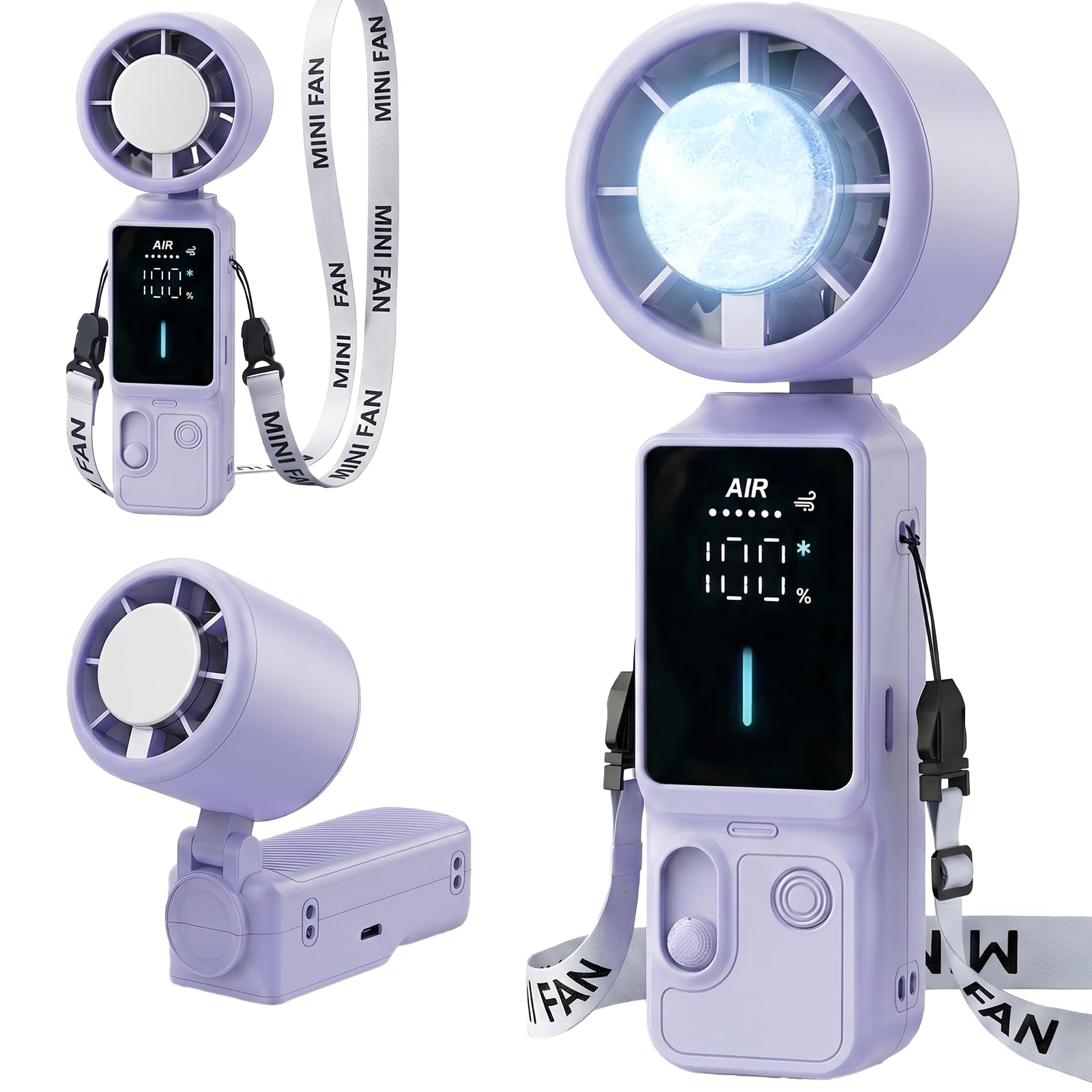 Portable Turbo Fan with Ice Cooling, 4-in-1 Foldable Handheld & Neck Fan, 100 Stepless Speeds, 6000mAh 20H Battery, 7.4m/s Quiet Motor, USB-C, Carabiner Clip for Travel Makeup Hot Flashes (Purple)