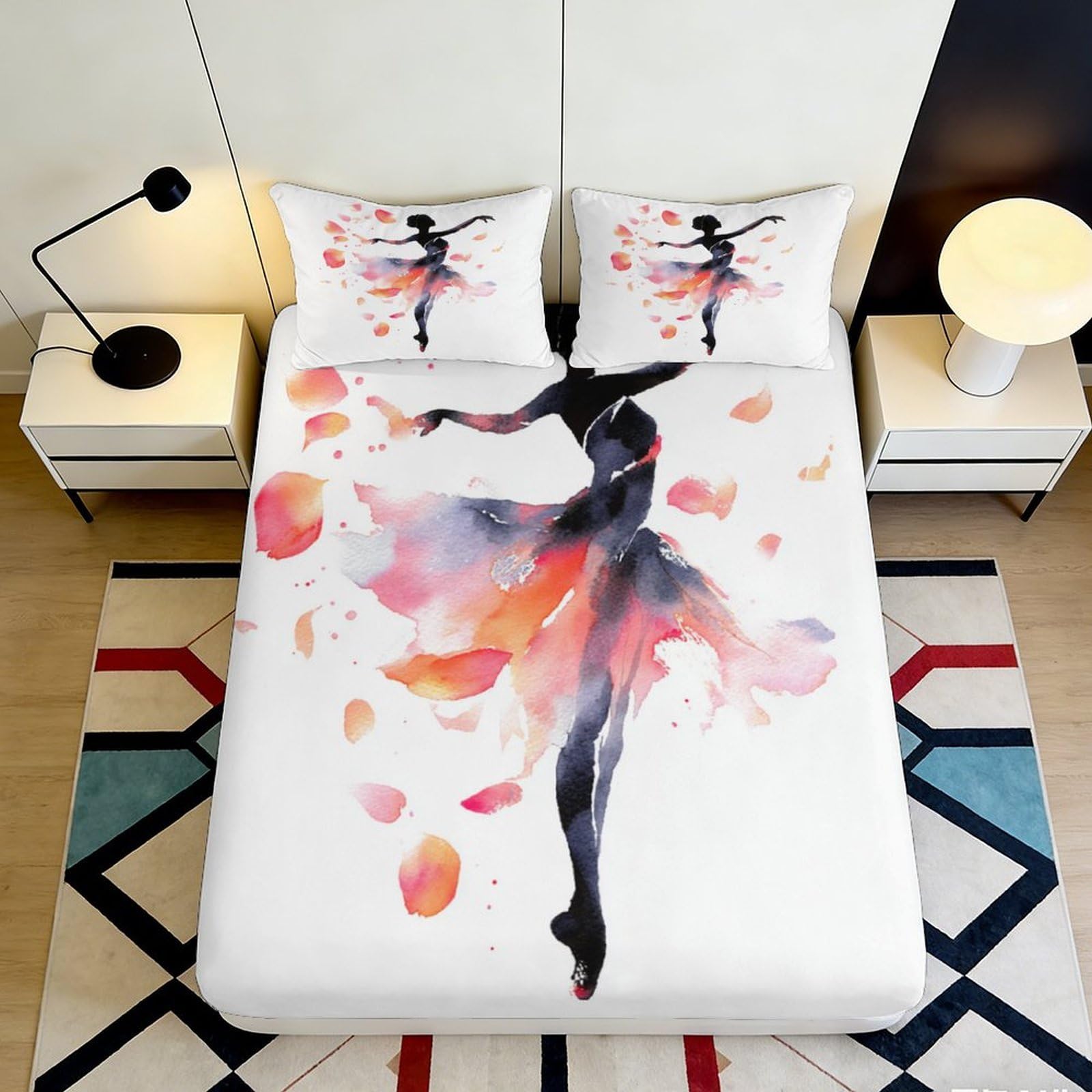 3D Printed Ballet Dancer Fitted Sheet Microfiber Soft Watercolor Artistic Bed Cover for Bedroom Dorm Decor Mattress Protection 90x200x25cm