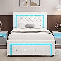 Vista 12 de Marco de cama matrimonial con luces LED, plataforma tapizada con cabecera capitonado tipo diamante, no necesita somier, sin ruido, fácil montaje
