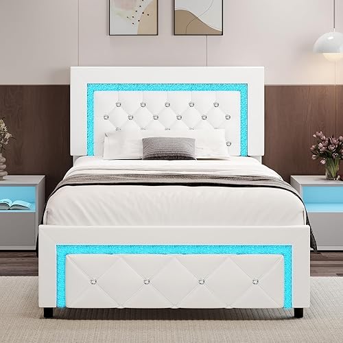 Base de cama individual con luces LED, plataforma tapizada con cabecera capitonada de diamante, no necesita somier, sin ruido, fácil montaje, color