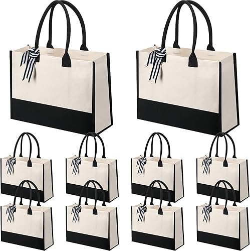 Silkfly Paquete de 10 bolsas de lona para mujer, bolsa de lona con bolsillo interior con cremallera, regalos de cumpleaños para mujeres, Blanco negro