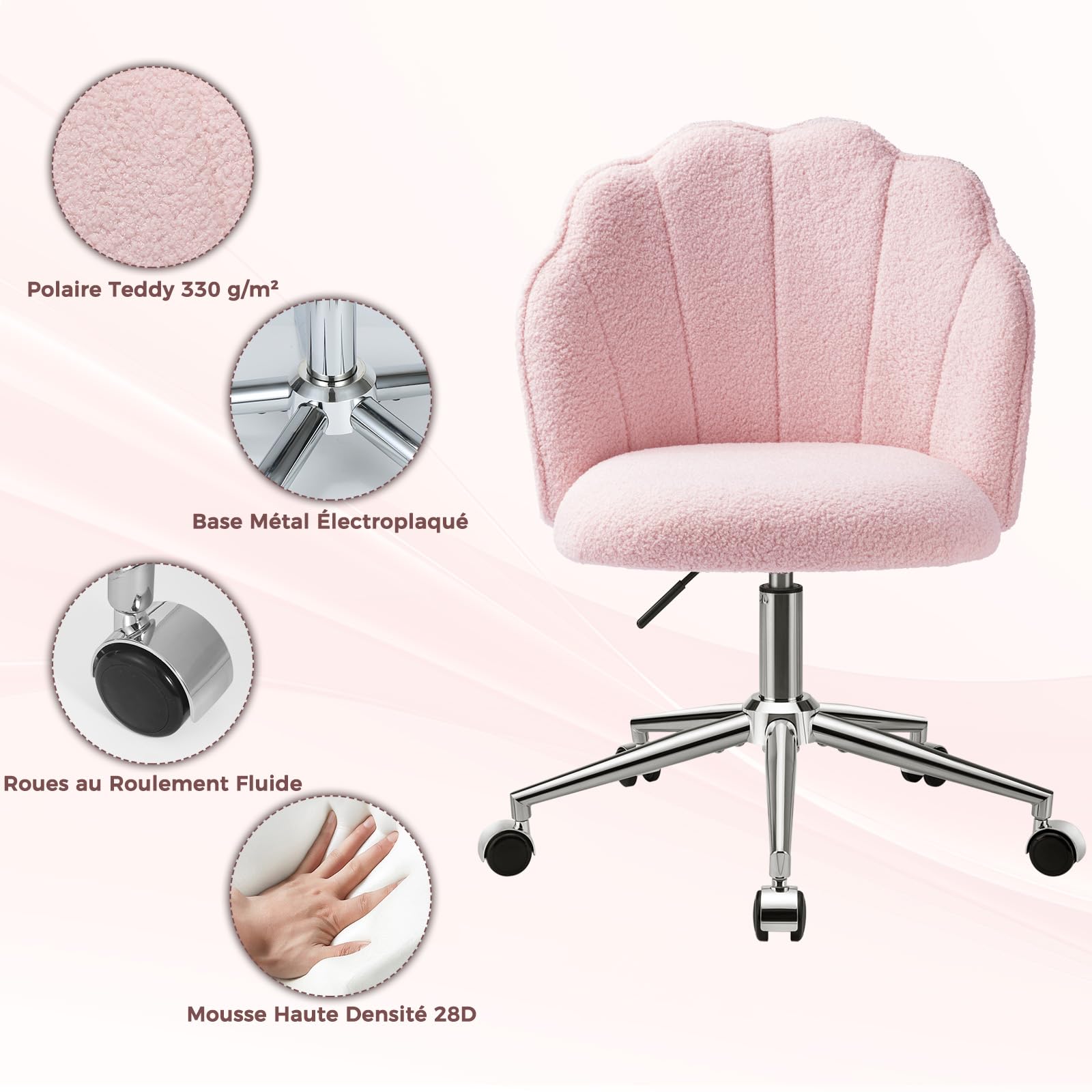 Chaise Coiffeuse Chambre, Chaise Pivotante à Roulette‌ pour Fille, Siege de Bureau Confortable, Montage Facile, Rose