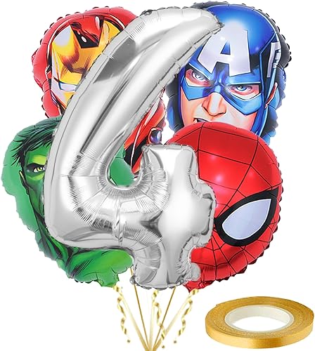 Globos de helio de papel de aluminio de 32 pulgadas, 5 ramos de globos de superhéroe, decoraciones de tercer cumpleaños, globos de papel de aluminio