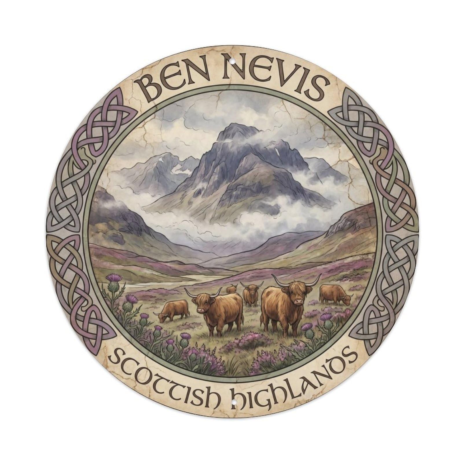 Vintage Travel Ben Nevis Scotland Metal Tin Sign Plaque Wall Decor for Cafe, Club Bar, Office, Home Garden Round Metal Poster 8x8Inch