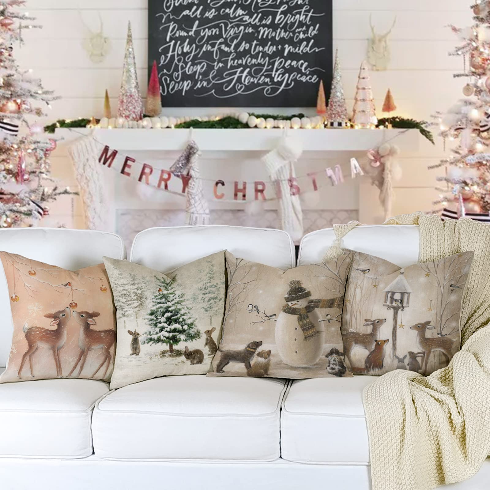 Lot De 4 Housses De Coussin Noël 45x45 Cm En Lin - Motifs Sapins, Père Noël - Pour Canapé, Salon, Déco Intérieure Festive